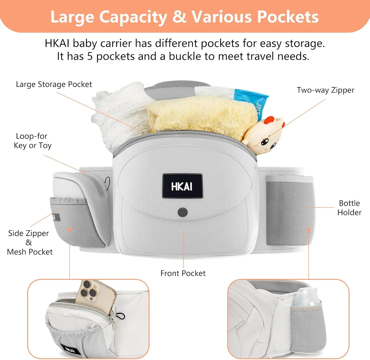 نشیمنگاه حمل نوزاد HKAI، برنده جایزه انتخاب مادر، حامل نوزاد با کمربند قابل تنظیم و توری تنفسی، حامل ارگونومیک با سطح نشیمنگاه ضد لغزش برای نوزادان و کودکان نوپا، خاکستری روشن