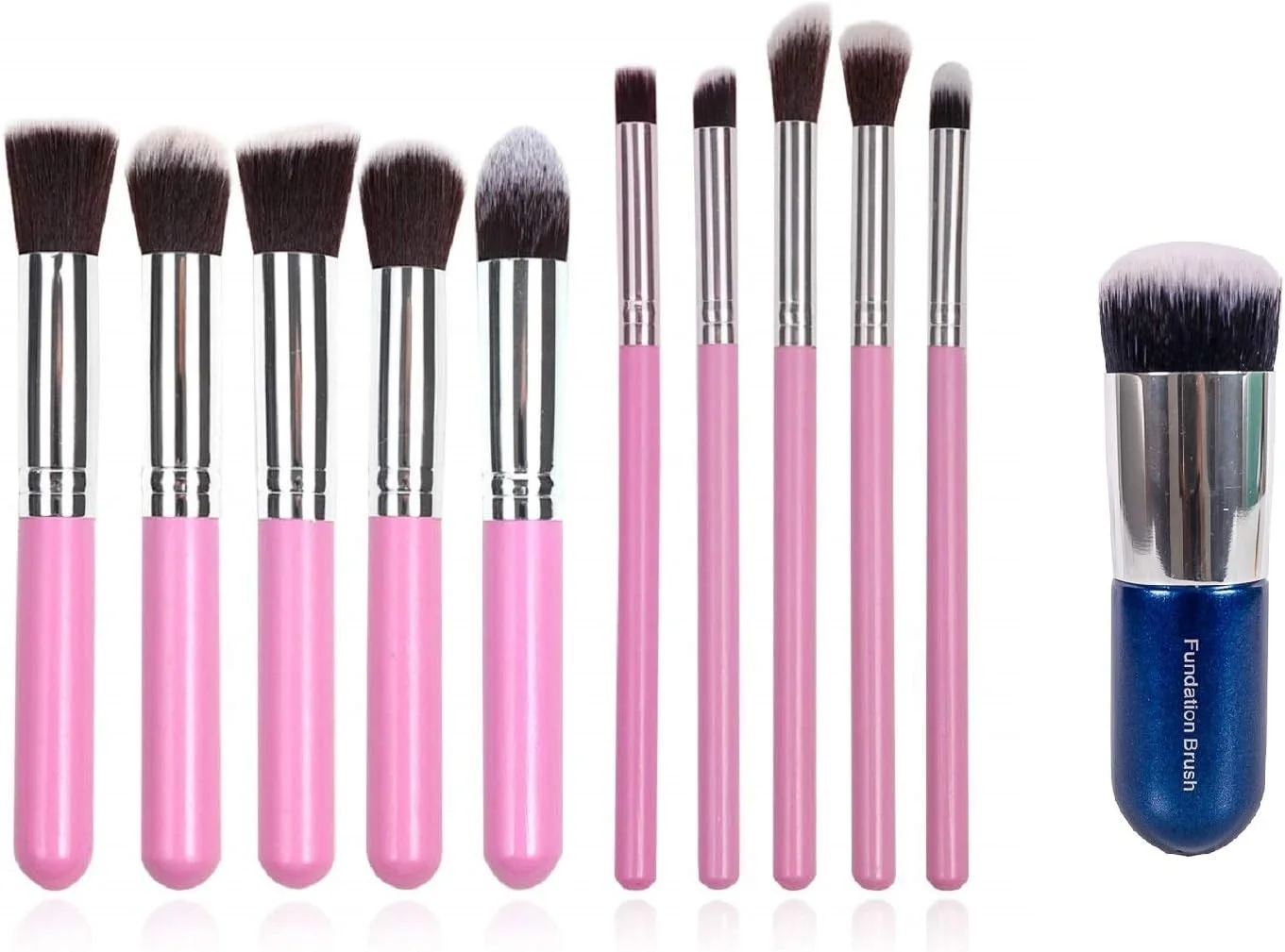 مجموعه براش آرایشی سایه چشم خلنی فاندیشن، صورتی (مجموعه 10 عددی) به همراه براش کرم پودر آبی