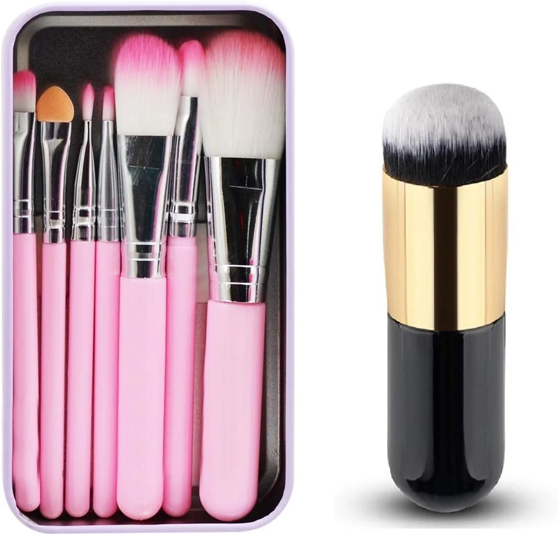 ست کامل برس آرایشی خلنی (ست 7 عددی برس با جعبه فلزی صورتی) به همراه برس کرم پودر مشکی