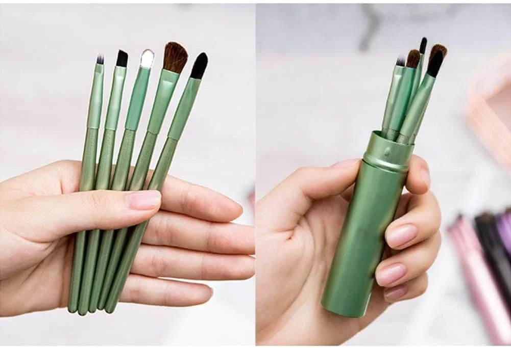 ست برس آرایشی چشم مسافرتی کوچک خزنا، شامل برس سایه چشم، خط چشم، ابرو و لب، ابزار آرایشی، برس آرایشی چشم با کیفیت، برس خط چشم، برس زاویه دار (سبز، 5 عدد در هر ست)