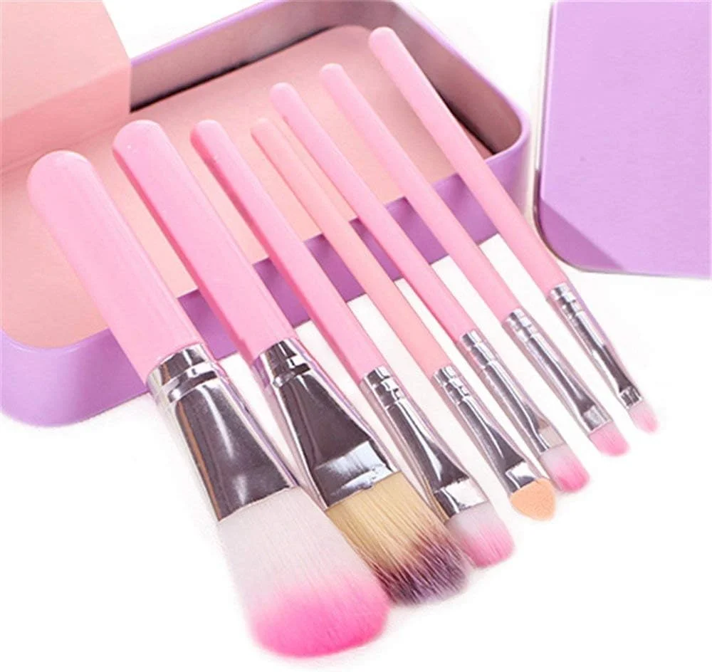 ست کامل برس آرایشی خلنی (ست 7 عددی برس با جعبه فلزی صورتی) به همراه برس کرم پودر مشکی