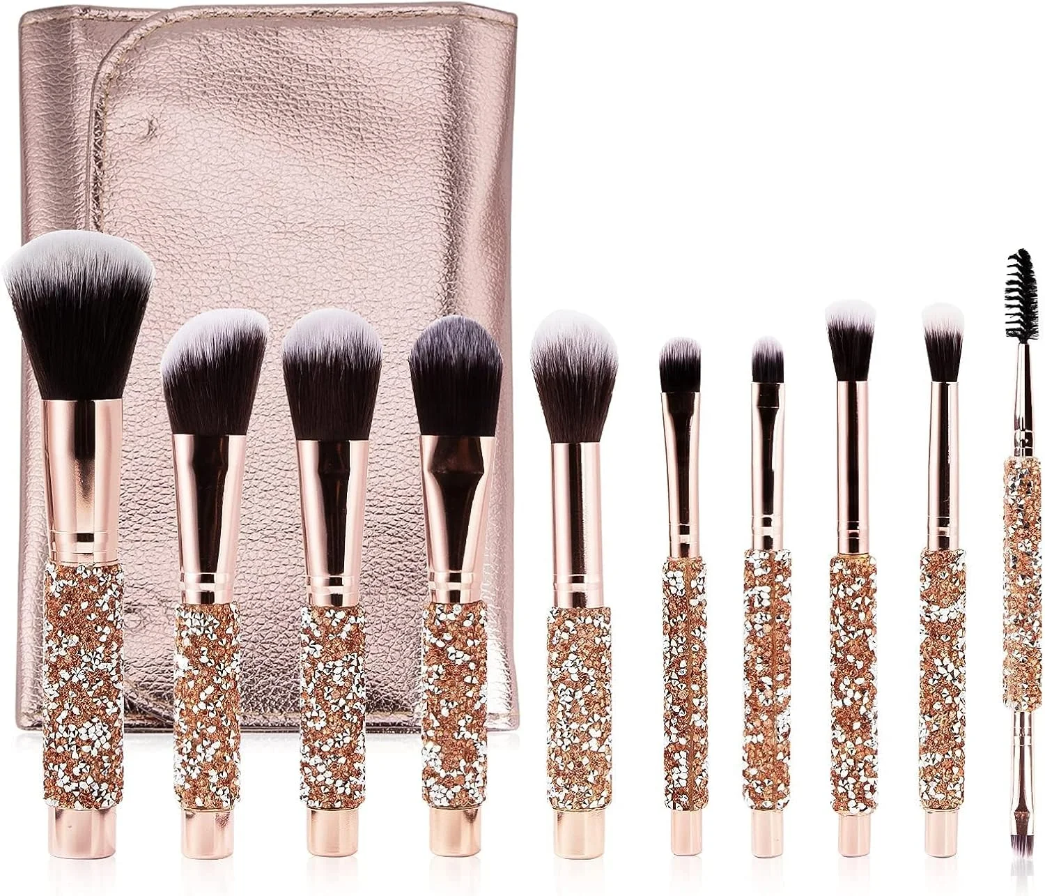 ست براش آرایشی خزنا، براش های آرایشی حرفه ای با دسته نگین دار، شامل براش های کرم پودر، کانسیلر، سایه چشم به همراه کیف براش چرمی (۱۰ تکه/صورتی)