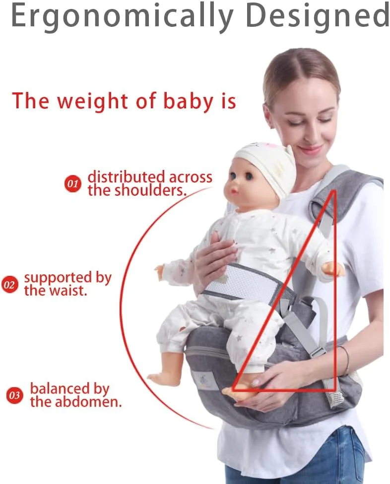 نشیمنگاه کمری کودک Honch، صندلی کمری کودک برای نوزاد، کودک نوپا با سگک بند قابل تنظیم، جیب و فضای داخلی نرم و جادار (خاکستری تیره)