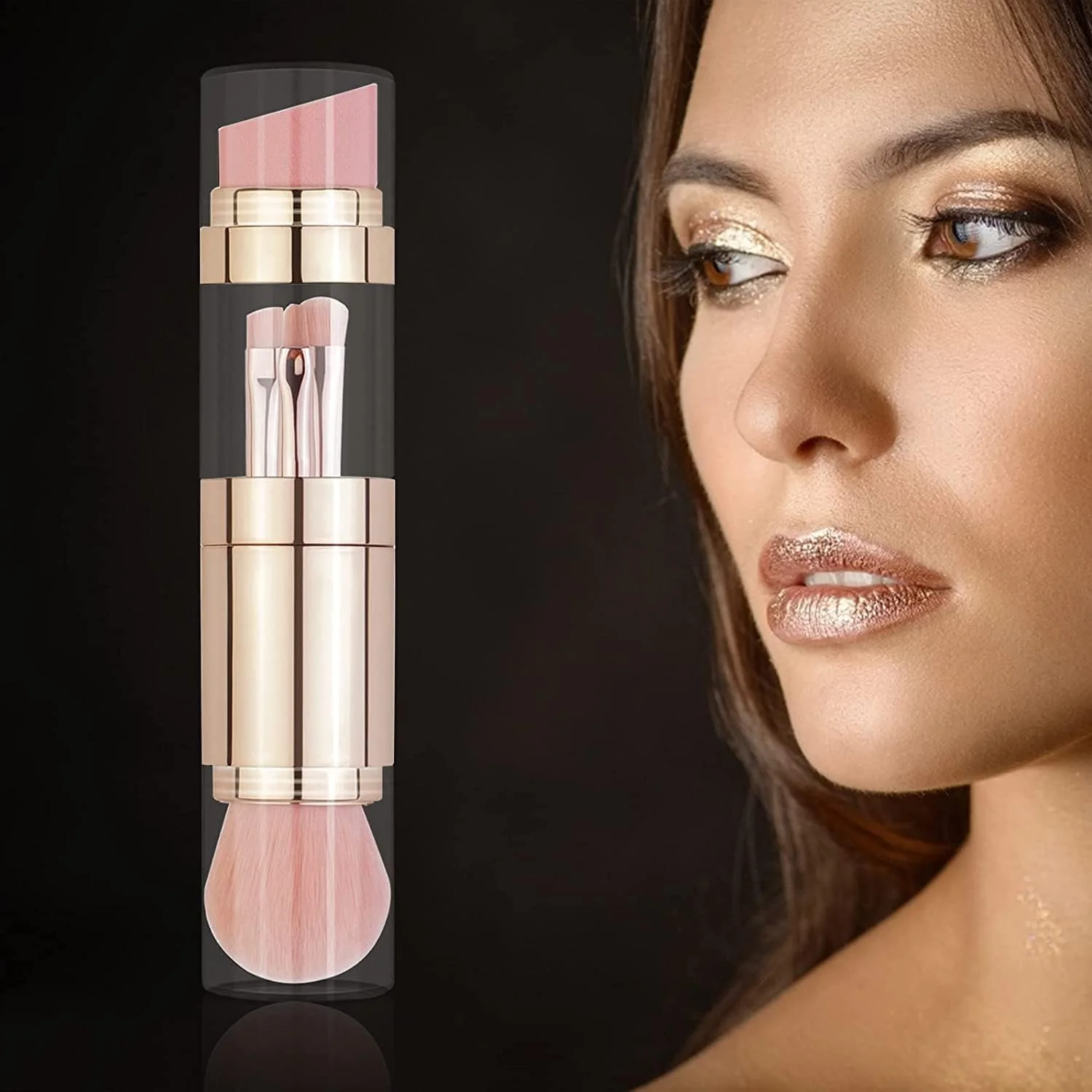 ست براش آرایشی خزنه، 5 در 1 شامل براش سایه چشم، براش لب، براش صورت، براش کرم پودر، پد پودر مناسب برای آرایش روزانه بیرون (رزگلد)