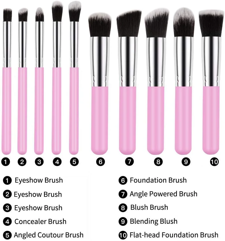 مجموعه براش آرایشی سایه چشم خلنی فاندیشن، صورتی (مجموعه 10 عددی) به همراه براش کرم پودر آبی