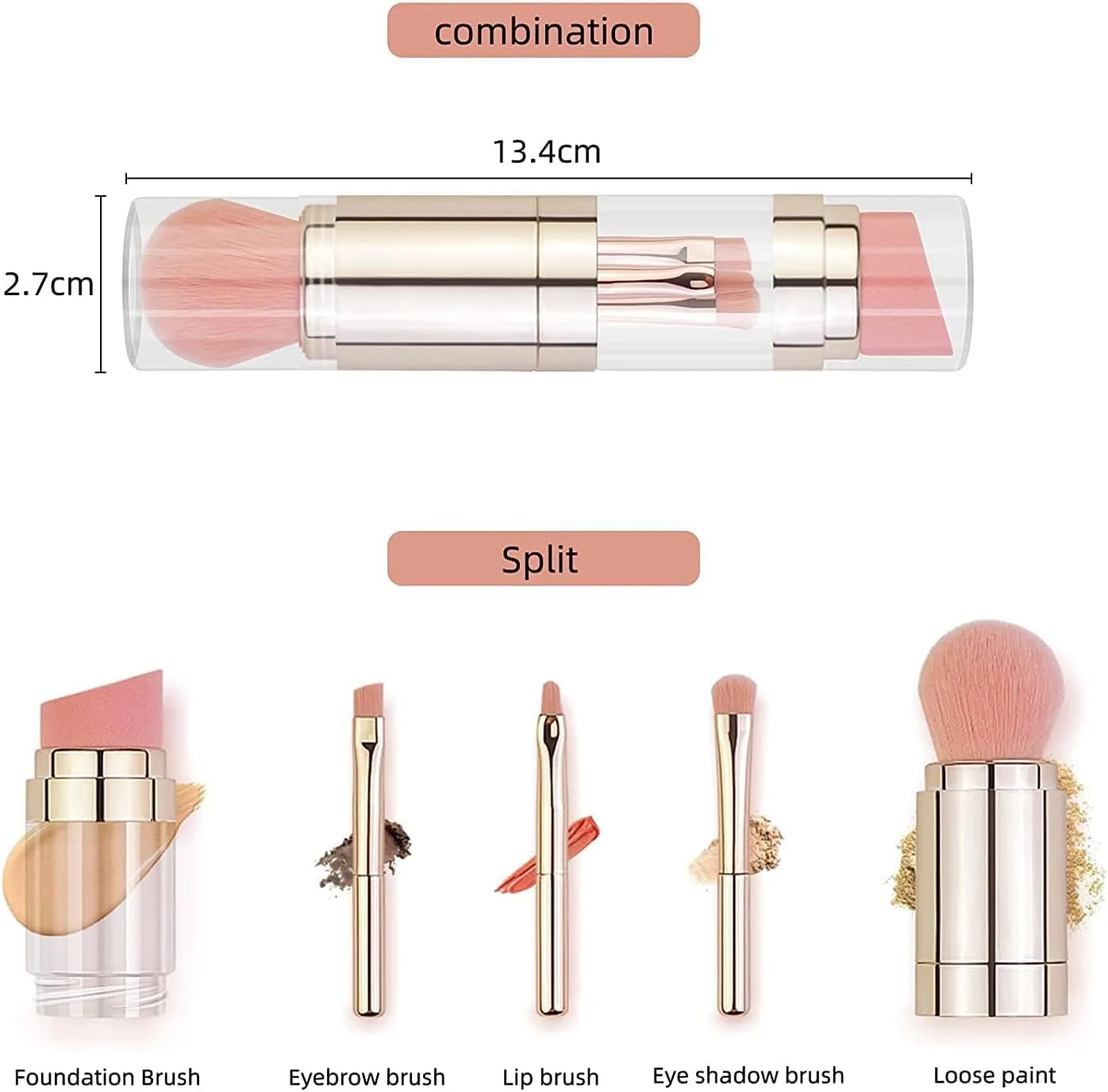 ست براش آرایشی خزنه، 5 در 1 شامل براش سایه چشم، براش لب، براش صورت، براش کرم پودر، پد پودر مناسب برای آرایش روزانه بیرون (رزگلد)