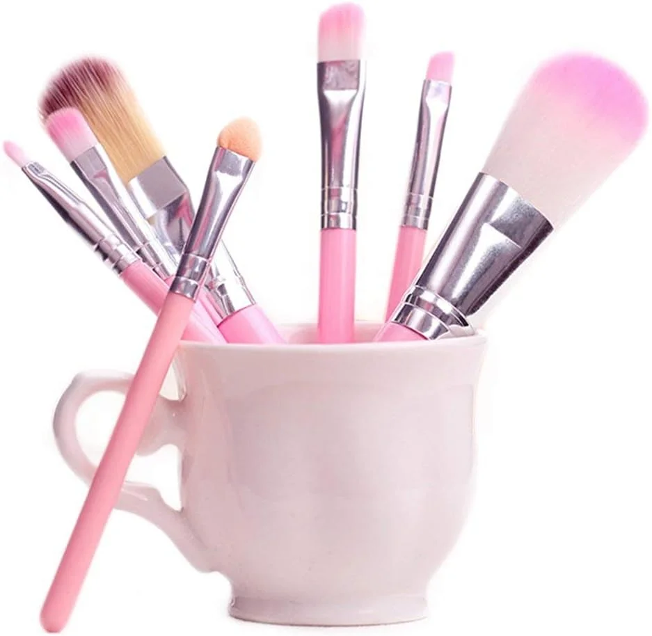 ست کامل برس آرایشی خلنی (ست 7 عددی برس با جعبه فلزی صورتی) به همراه برس کرم پودر مشکی