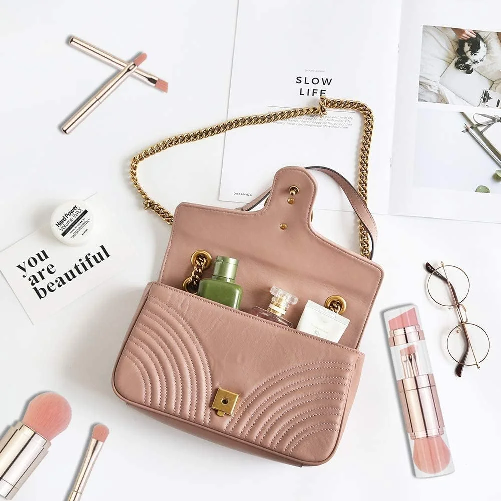 ست براش آرایشی خزنه، 5 در 1 شامل براش سایه چشم، براش لب، براش صورت، براش کرم پودر، پد پودر مناسب برای آرایش روزانه بیرون (رزگلد)