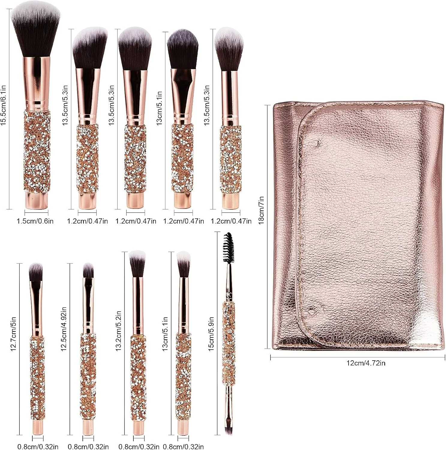 ست براش آرایشی خزنا، براش های آرایشی حرفه ای با دسته نگین دار، شامل براش های کرم پودر، کانسیلر، سایه چشم به همراه کیف براش چرمی (۱۰ تکه/صورتی)