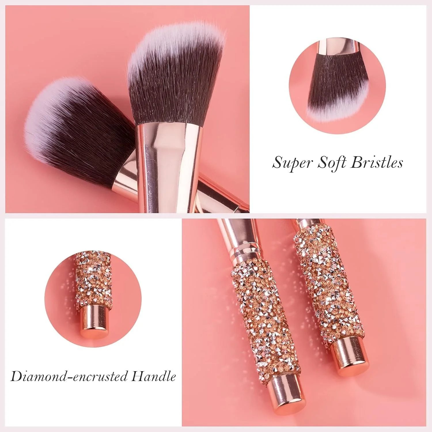 ست براش آرایشی خزنا، براش های آرایشی حرفه ای با دسته نگین دار، شامل براش های کرم پودر، کانسیلر، سایه چشم به همراه کیف براش چرمی (۱۰ تکه/صورتی)