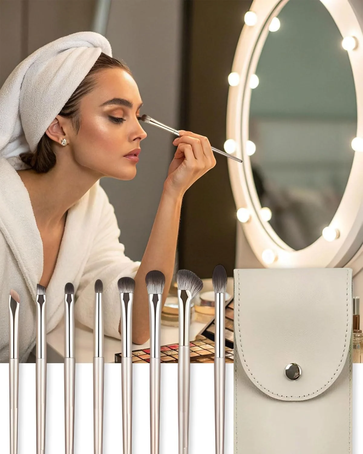 ست برس آرایشی 8 تکه KEMUZ، برس آرایشی مسافرتی قابل حمل با کیف PU، کیت سایه چشم دودی برای سایه چشم، ابرو، خط چشم، ترکیب