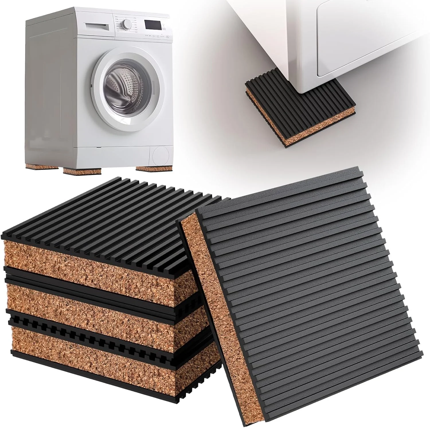 4 Pack Heavy Duty Anti Vibration Pads for Washing Machines, Air Conditioners, Dryers, Treadmills, Durable Rubber Cork Isolation Pads 4" x 4" x 7/8", Noise Reduction, Anti-Slip, Shock Absorbing