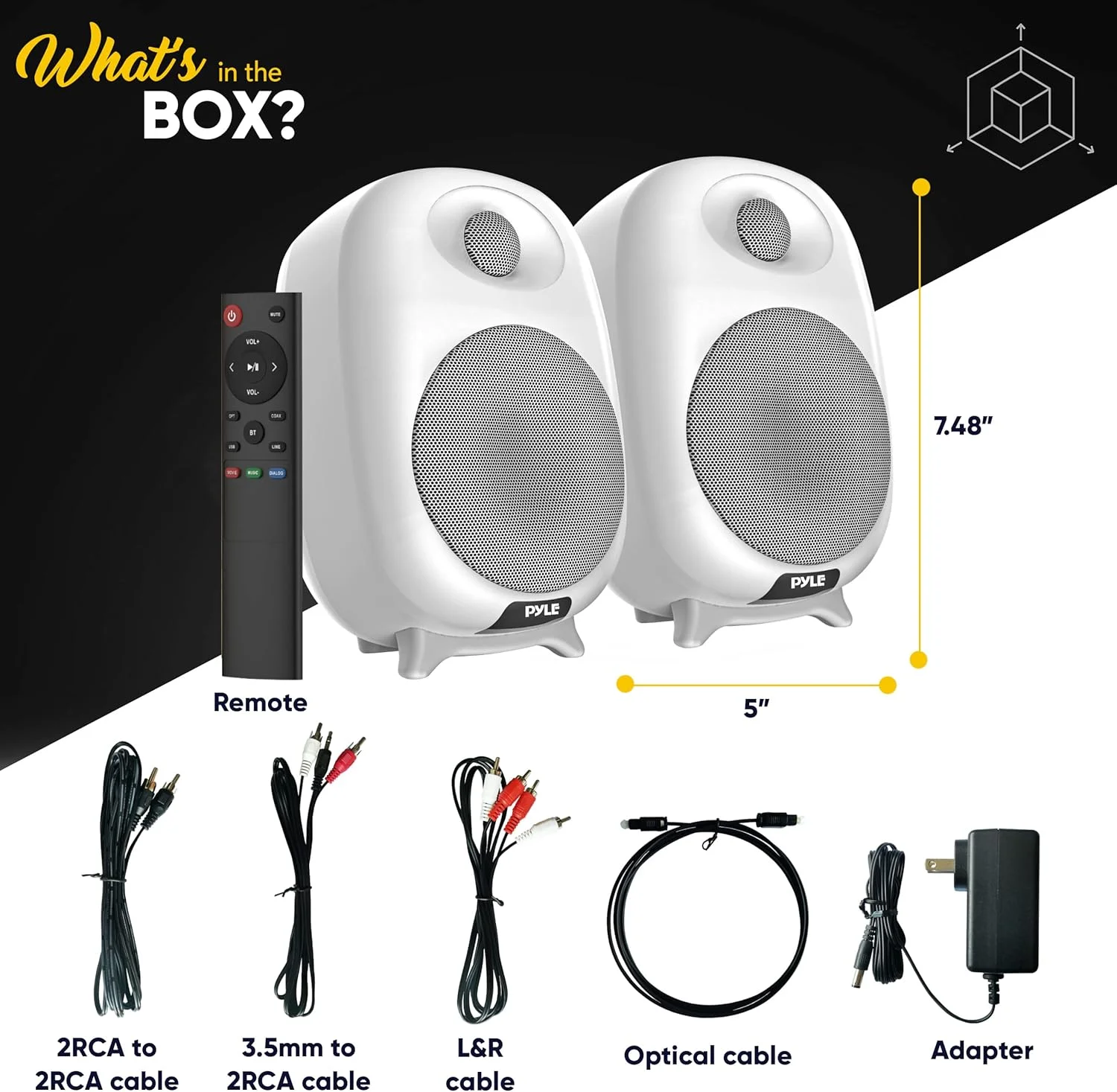 ست اسپیکر مانیتور بلوتوثی قفسه کتابی PyleUsa HiFi 60W، ورودی اپتیکال RCA، قابل تنظیم Bass/Treble، بیس عمیق، 3 حالت صوتی، سیستم استریو رومیزی کامپیوتر استودیویی، کنترل از راه دور، سفید - PBKSR40WT