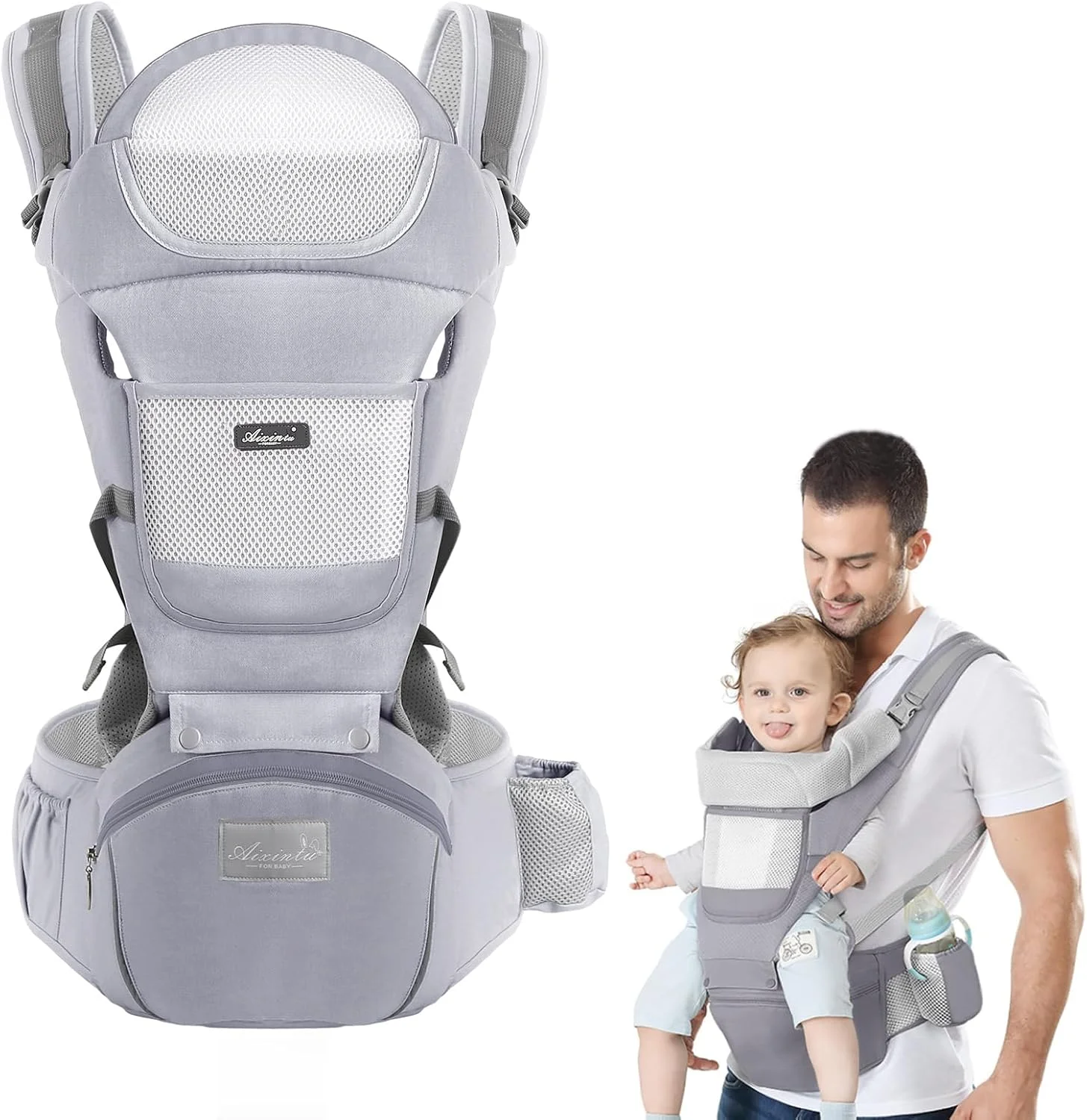 کیان داریا کوله پشتی چند منظوره کودک دایونگ با صندلی کمری - مناسب برای 0-36 ماه، سایز قابل تنظیم (خاکستری)