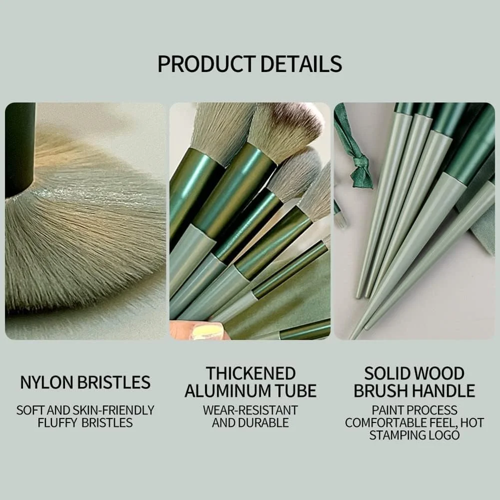 ست ۱۳ عددی برس آرایشی Juliyeh، شامل برس کرم پودر، پودر، سایه چشم، ابرو، ابزار آرایشی حرفه ای به همراه کیف مخملی (سبز)