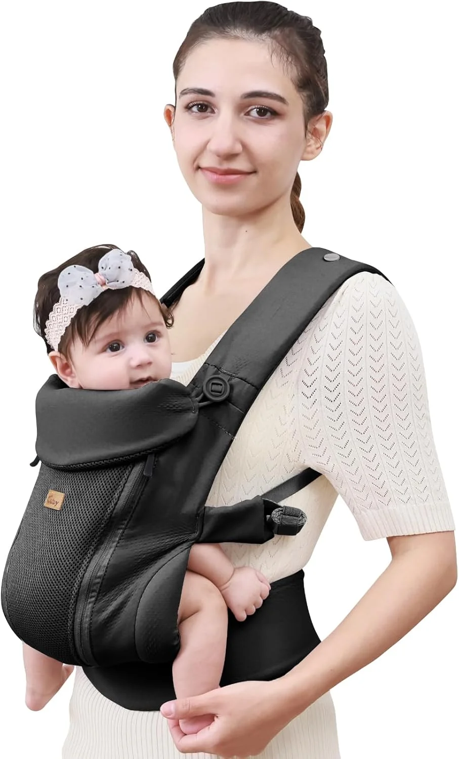 کیان داریا، آغوشی نوزاد تا نوپا CUBY - آغوشی جلویی ارگونومیک قابل تنظیم و تنفس پذیر با پشتیبانی گردن قابل تنظیم و سایبان آفتاب، آغوشی کودک نوپا بدون دست تا 18 کیلوگرم (مشکی، مدل کمربند زیپی)
