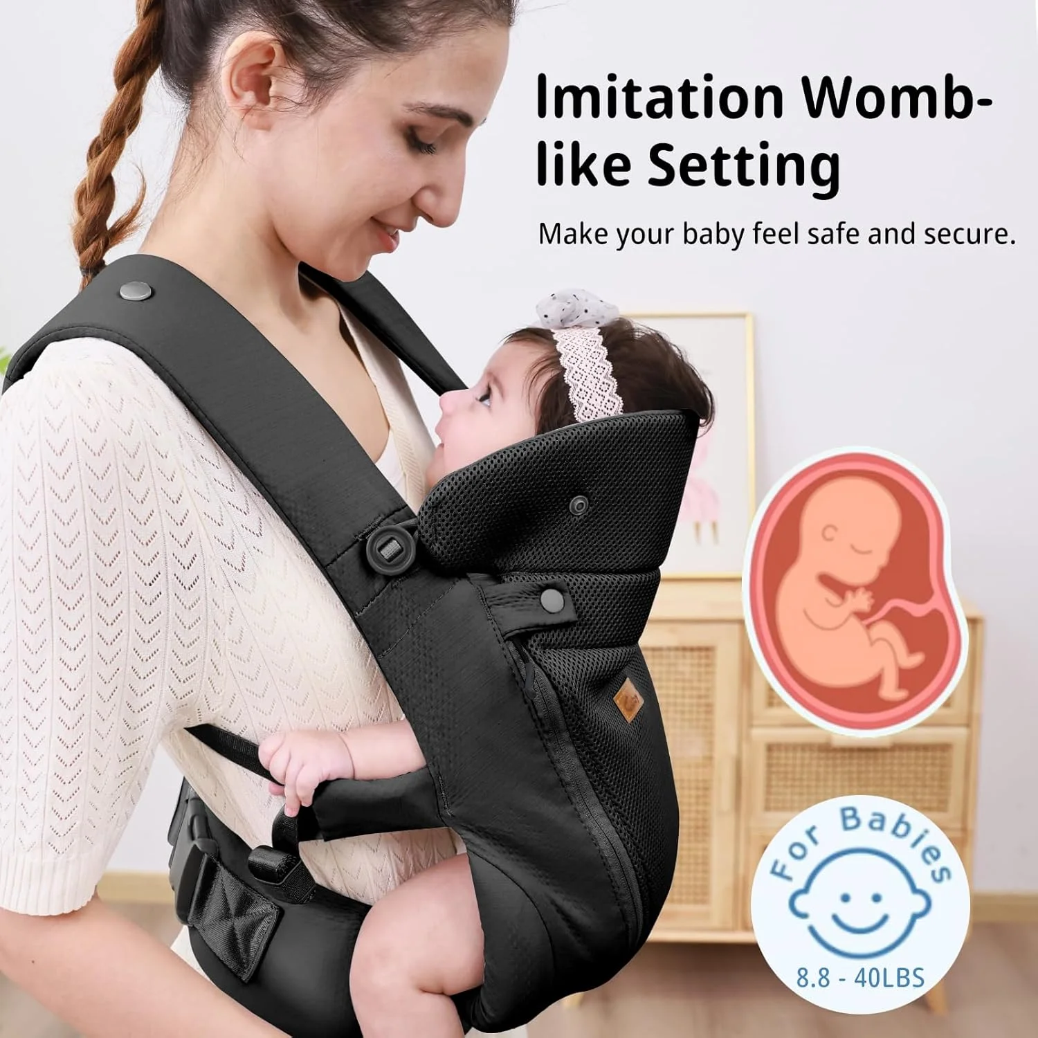 کیان داریا، آغوشی نوزاد تا نوپا CUBY - آغوشی جلویی ارگونومیک قابل تنظیم و تنفس پذیر با پشتیبانی گردن قابل تنظیم و سایبان آفتاب، آغوشی کودک نوپا بدون دست تا 18 کیلوگرم (مشکی، مدل کمربند زیپی)