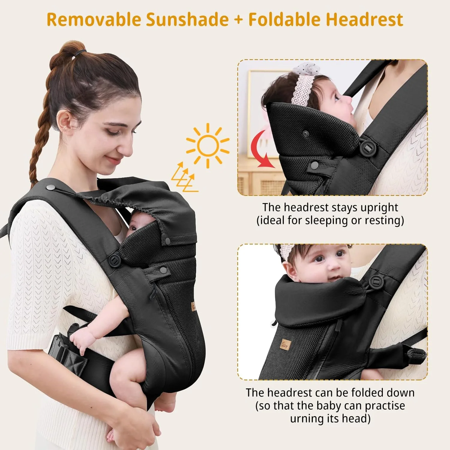 کیان داریا، آغوشی نوزاد تا نوپا CUBY - آغوشی جلویی ارگونومیک قابل تنظیم و تنفس پذیر با پشتیبانی گردن قابل تنظیم و سایبان آفتاب، آغوشی کودک نوپا بدون دست تا 18 کیلوگرم (مشکی، مدل کمربند زیپی)