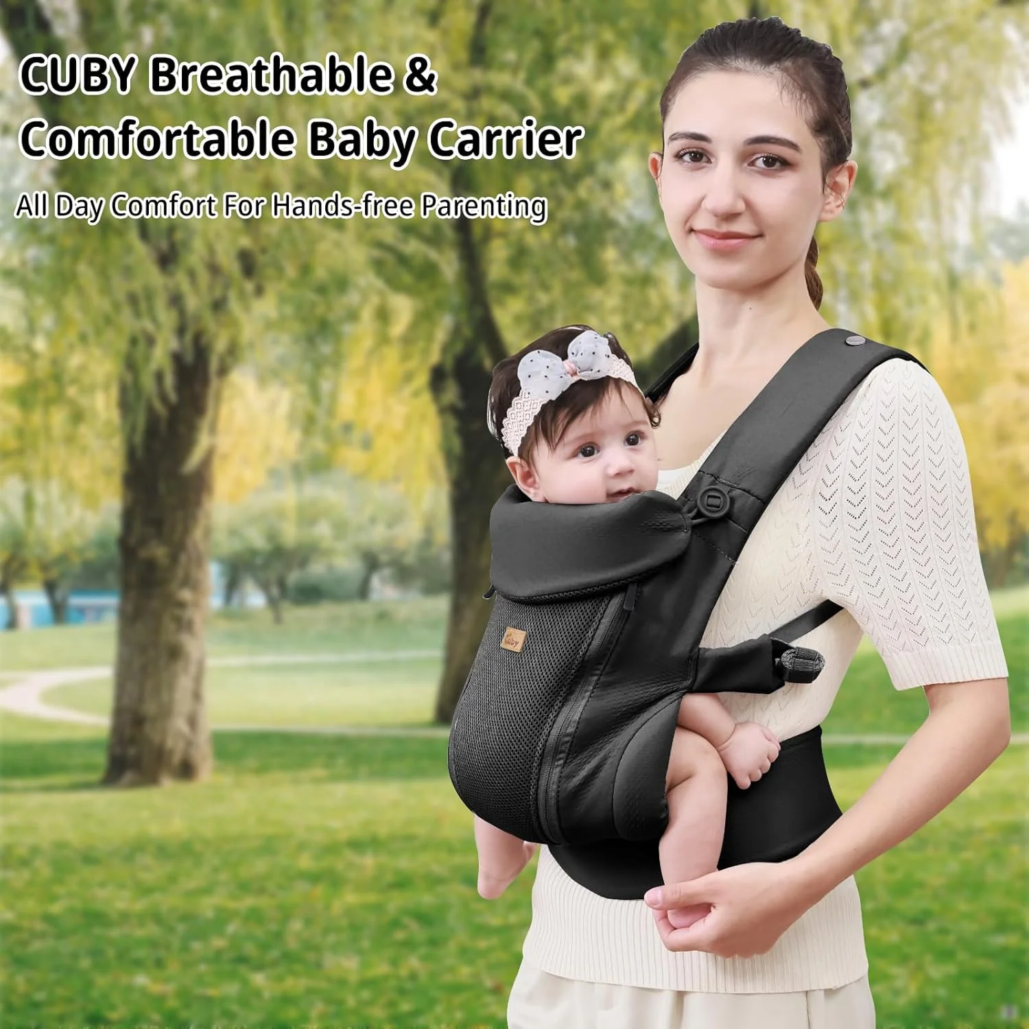 کیان داریا، آغوشی نوزاد تا نوپا CUBY - آغوشی جلویی ارگونومیک قابل تنظیم و تنفس پذیر با پشتیبانی گردن قابل تنظیم و سایبان آفتاب، آغوشی کودک نوپا بدون دست تا 18 کیلوگرم (مشکی، مدل کمربند زیپی)