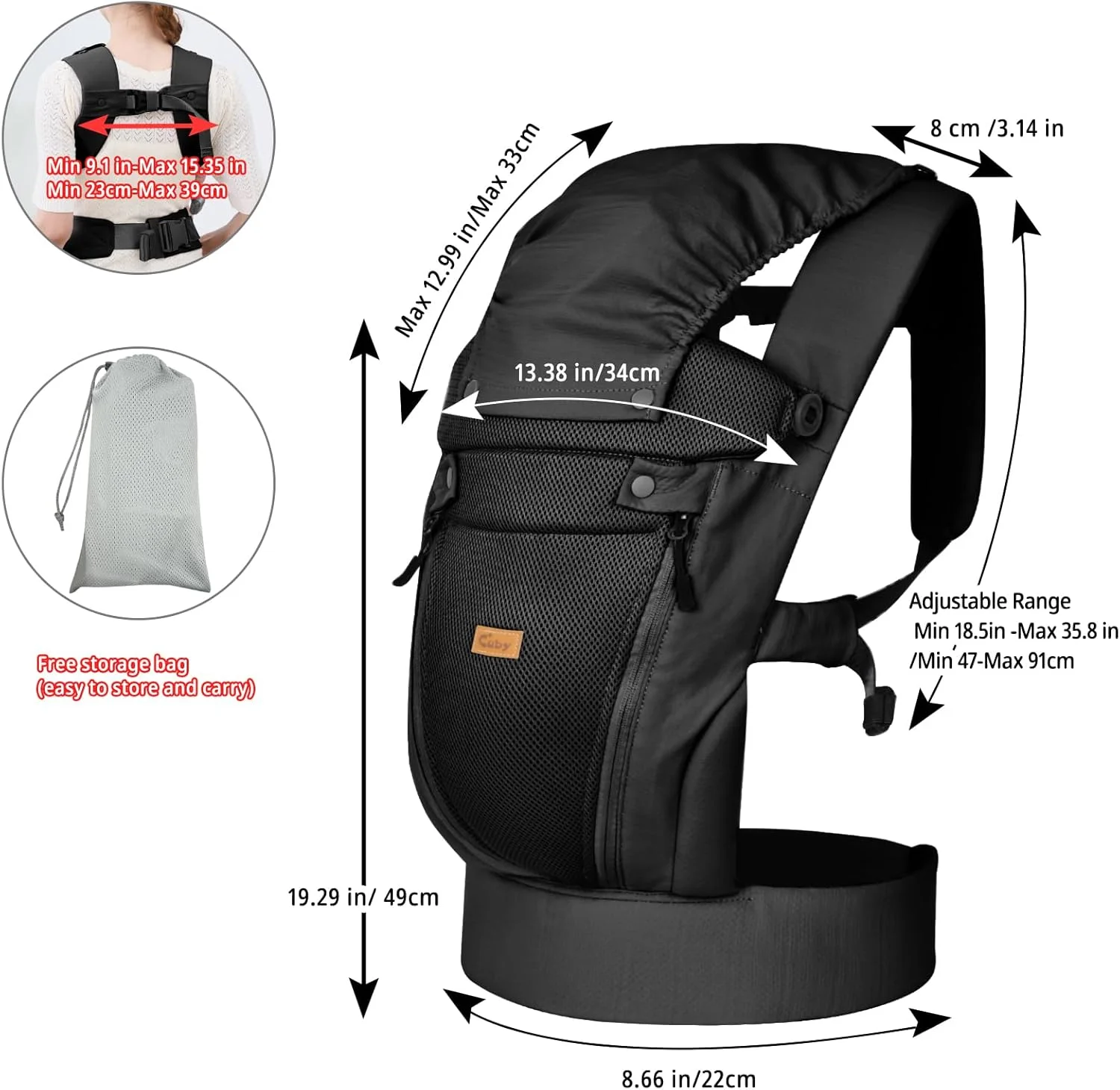 کیان داریا، آغوشی نوزاد تا نوپا CUBY - آغوشی جلویی ارگونومیک قابل تنظیم و تنفس پذیر با پشتیبانی گردن قابل تنظیم و سایبان آفتاب، آغوشی کودک نوپا بدون دست تا 18 کیلوگرم (مشکی، مدل کمربند زیپی)