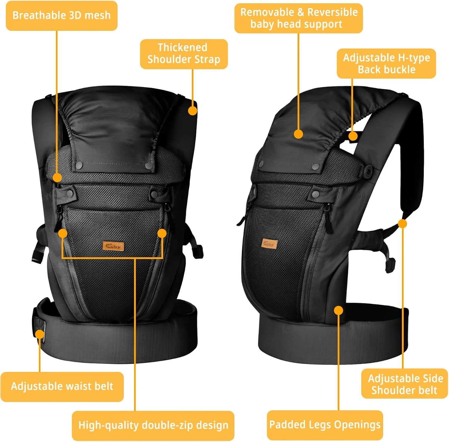 کیان داریا، آغوشی نوزاد تا نوپا CUBY - آغوشی جلویی ارگونومیک قابل تنظیم و تنفس پذیر با پشتیبانی گردن قابل تنظیم و سایبان آفتاب، آغوشی کودک نوپا بدون دست تا 18 کیلوگرم (مشکی، مدل کمربند زیپی)