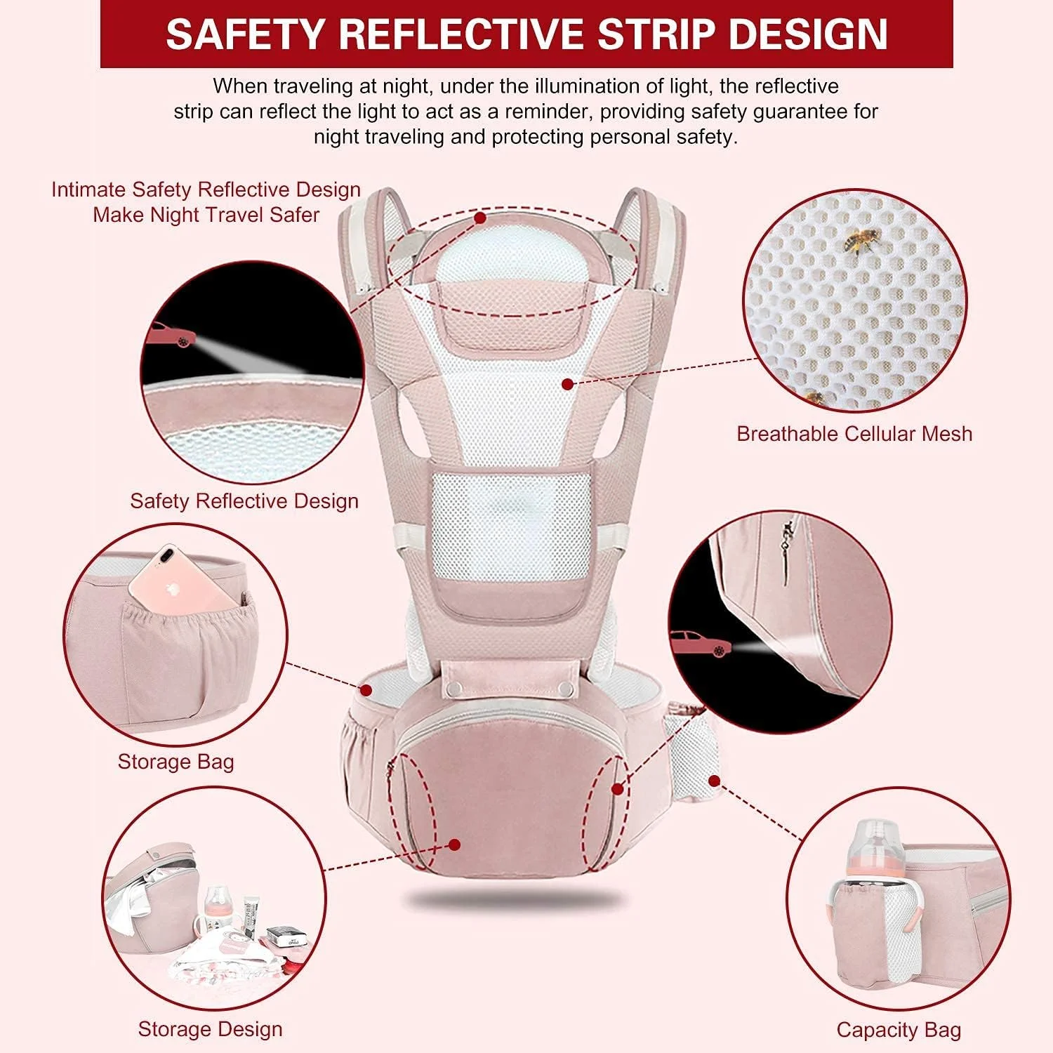 آغوشی نوزاد چند منظوره Coolbaby، صندلی کمری، مناسب برای نوزادان 0 تا 36 ماهه، 6 حالت حمل، سایز قابل تنظیم، بسیار مناسب برای پیاده روی و خرید، صورتی آغوشی نوزاد چند منظوره Coolbaby، صندلی کمری، مناسب برای نوزادان 0 تا 36 ماهه، 6 حالت حمل، سایز قابل تنظیم، بسیار مناسب برای پیاده روی و خرید، صورتی