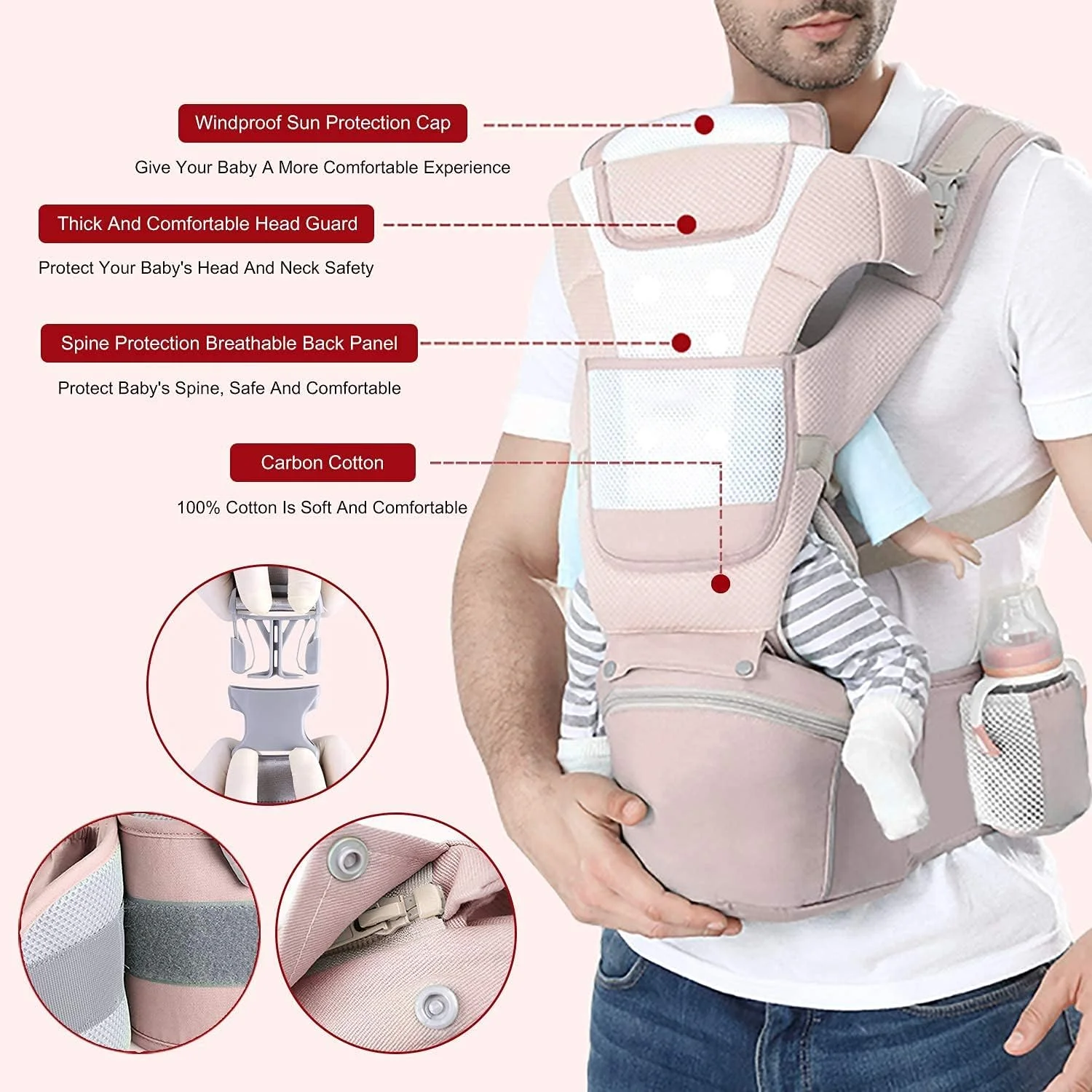 آغوشی نوزاد چند منظوره Coolbaby، صندلی کمری، مناسب برای نوزادان 0 تا 36 ماهه، 6 حالت حمل، سایز قابل تنظیم، بسیار مناسب برای پیاده روی و خرید، صورتی آغوشی نوزاد چند منظوره Coolbaby، صندلی کمری، مناسب برای نوزادان 0 تا 36 ماهه، 6 حالت حمل، سایز قابل تنظیم، بسیار مناسب برای پیاده روی و خرید، صورتی