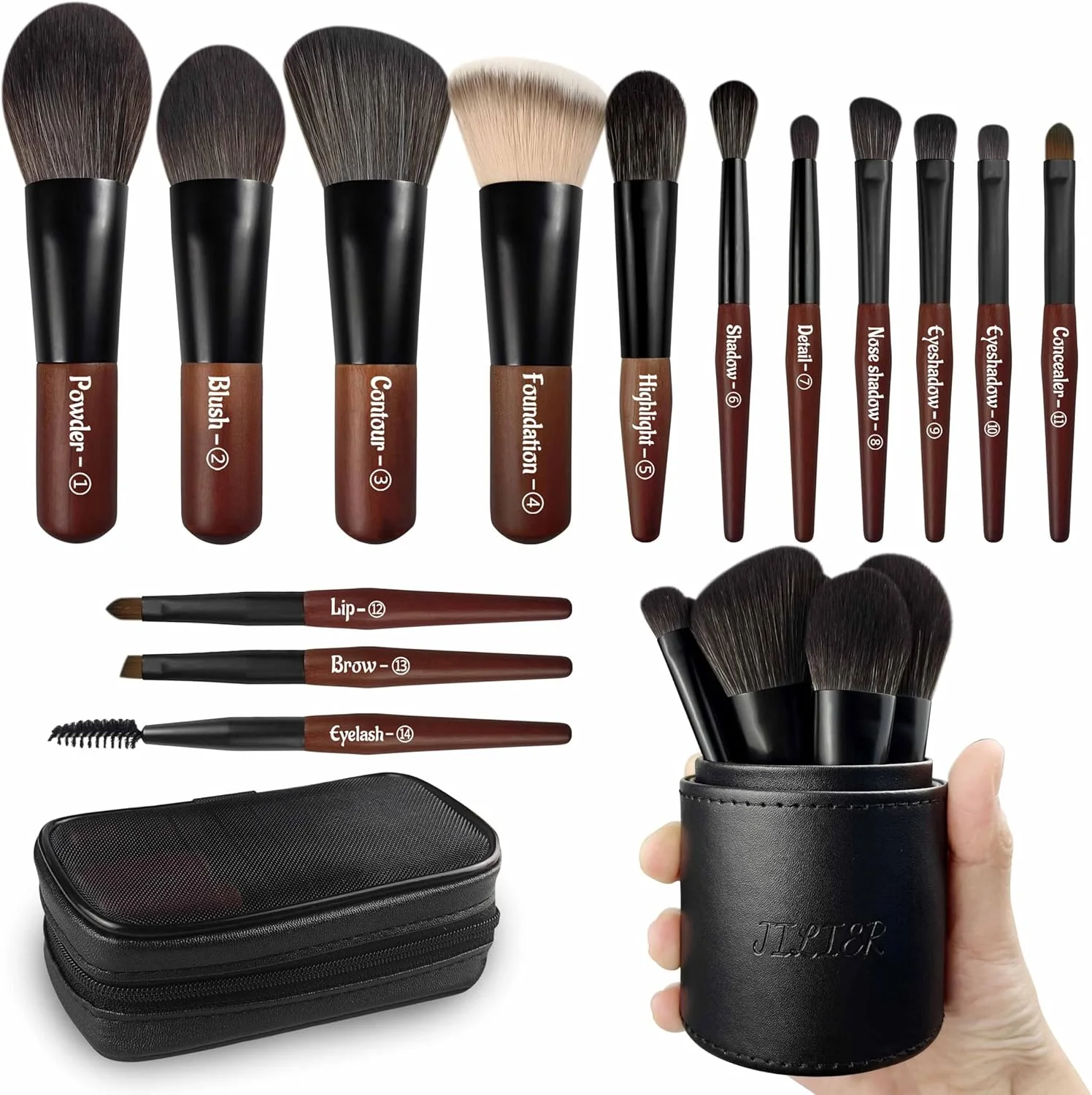 JILIER Travel Makeup Brush Set, 14 pcs Mini Makeup Brushes for Foundation, Powder, Eyeshadow, Highlight, Contour, Blush & Concealer, Small Makeup Brush Set Purse Size with Case