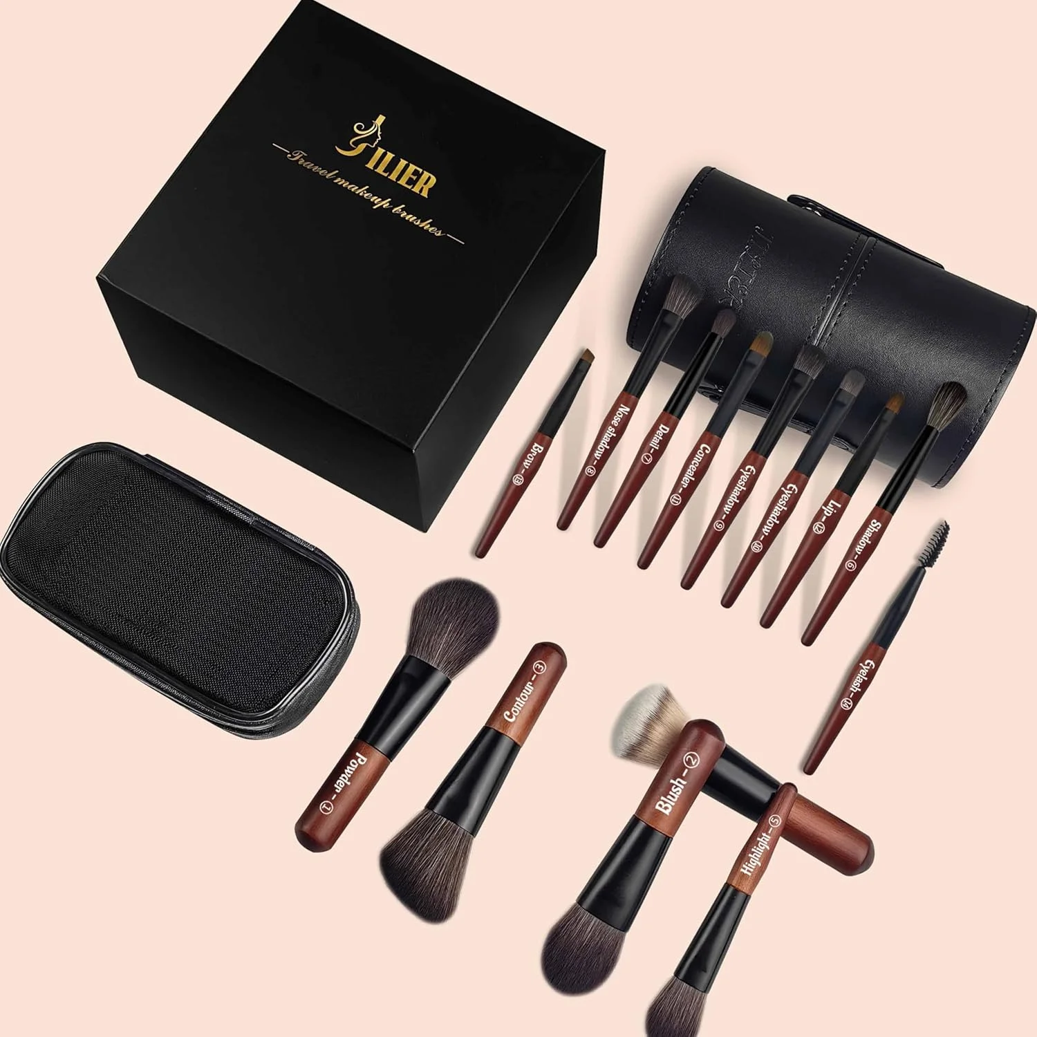 JILIER Travel Makeup Brush Set, 14 pcs Mini Makeup Brushes for Foundation, Powder, Eyeshadow, Highlight, Contour, Blush & Concealer, Small Makeup Brush Set Purse Size with Case
