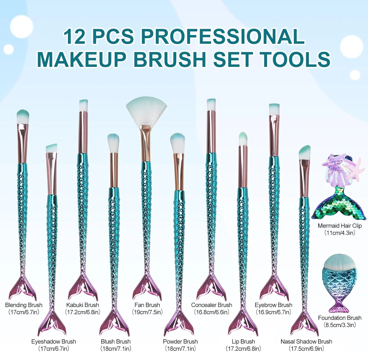 ست برس آرایشی 12 تکه JIEZRIN به همراه گیره موی پری دریایی، ست برس لوازم آرایشی زنانه شامل برس کرم پودر، پودر، کرم، سایه ابرو، خط چشم، رژگونه، کانسیلر و مناسب آرایش کودکان و دختران برای کریسمس