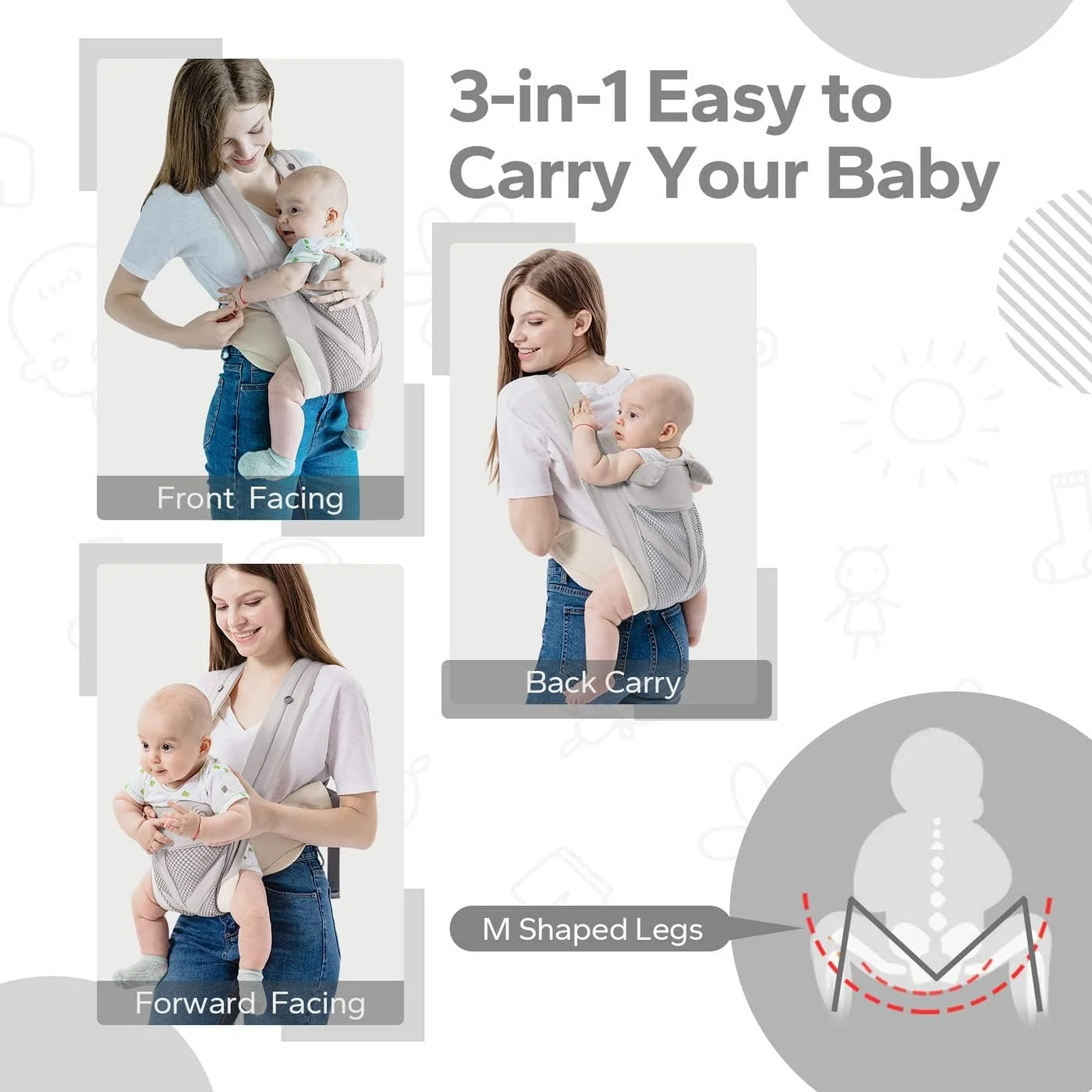 آغوشی نوزاد، آغوشی سبک وزن و ارگونومیک 4 در 1، آغوشی توری قابل تنظیم و تنفسی برای نوزادان 3-36 ماهه، نگهدارنده نوزاد رو به جلو و عقب برای مادر و پدر (خاکستری) آغوشی نوزاد، آغوشی سبک وزن و ارگونومیک 4 در 1، آغوشی توری قابل تنظیم و تنفسی برای نوزادان 3-36 ماهه، نگهدارنده نوزاد رو به جلو و عقب برای مادر و پدر (خاکستری)