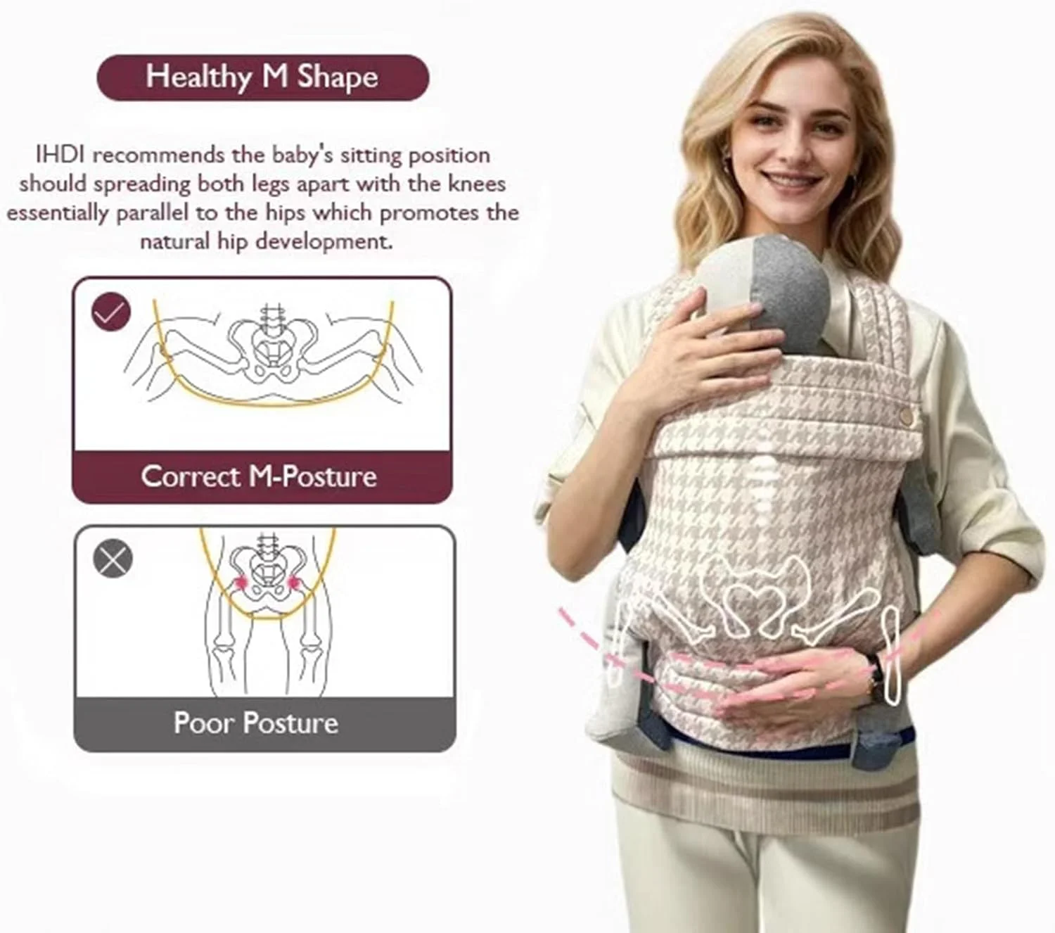 آغوشی نوزاد 4 در 1، طرح Houndstooth، محدوده وزن 3.2-15.9 کیلوگرم، طراحی ارگونومیک با پشتیبانی X شکل از کمر