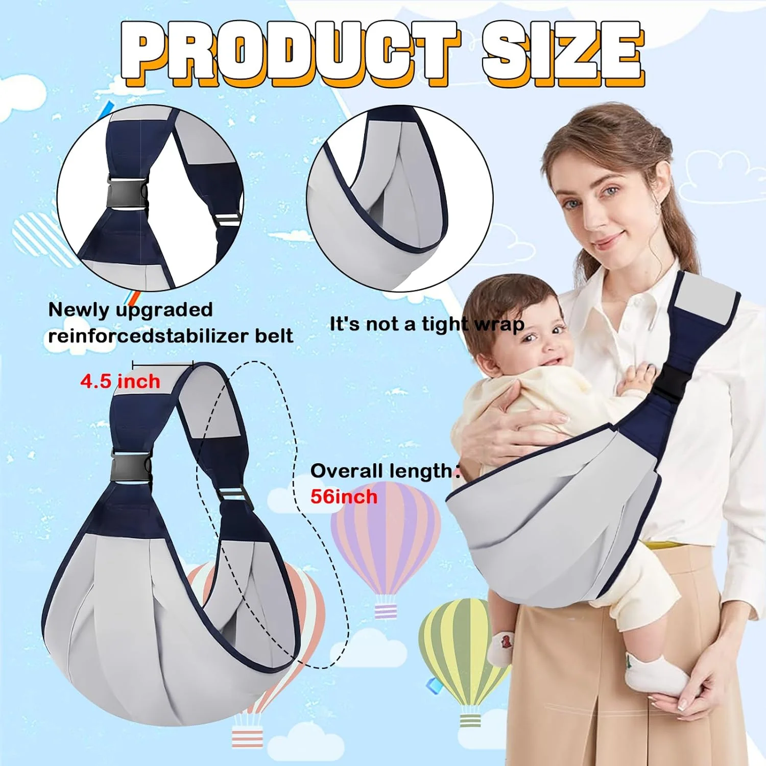 آغوشی نوزاد، آغوشی قابل حمل و تنفسی با قابلیت تنظیم یک طرفه برای نوزاد و کودک نوپا، آغوشی سبک وزن، نرم و ضد لغزش مناسب وزن 3 تا 20 کیلوگرم - خاکستری