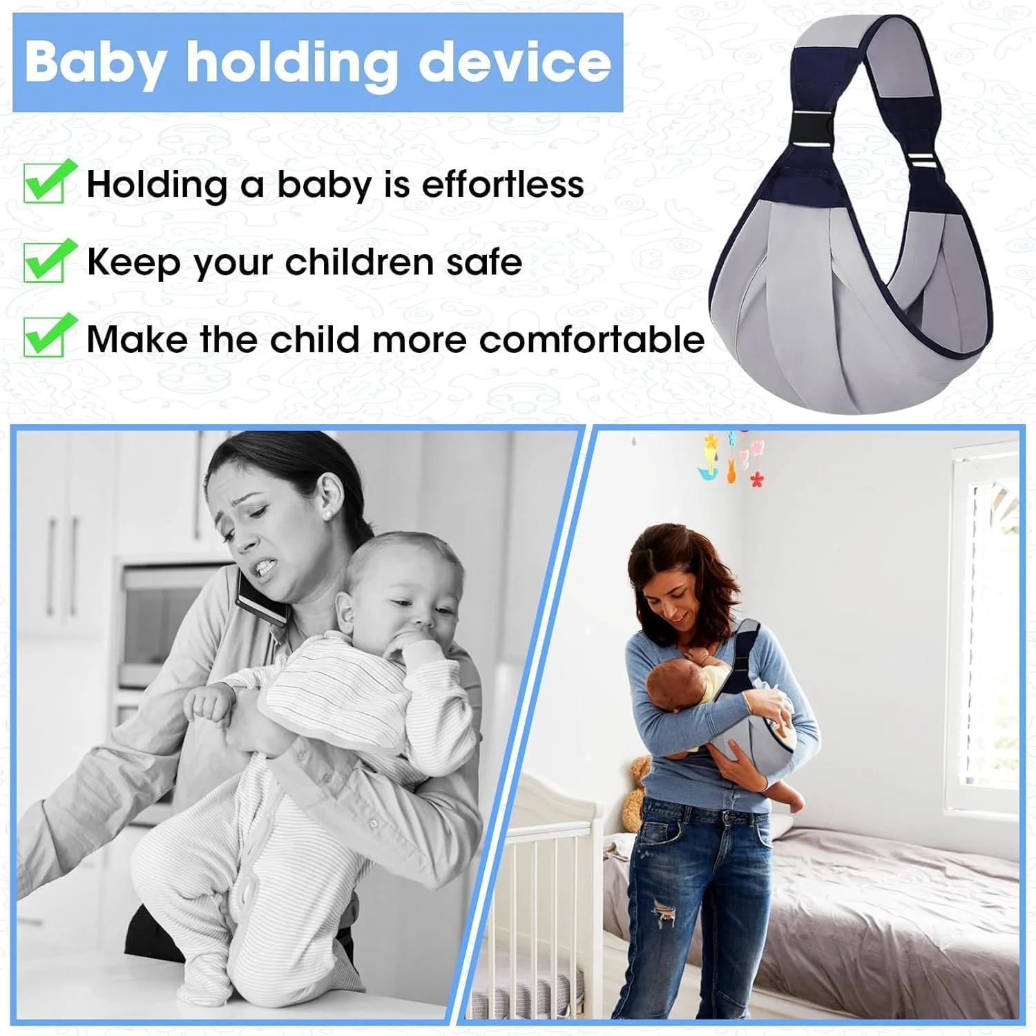 آغوشی نوزاد، حامل کودک نوپا، قابل تنفس، قابل حمل، یک شانه ای، آغوشی کودک نوپا، آغوشی کودک برای حمل، سبک وزن، بند شانه ای نرم، قابل تنظیم، ضد لغزش، ایمن برای نوزاد 0-36 ماهه، خاکستری