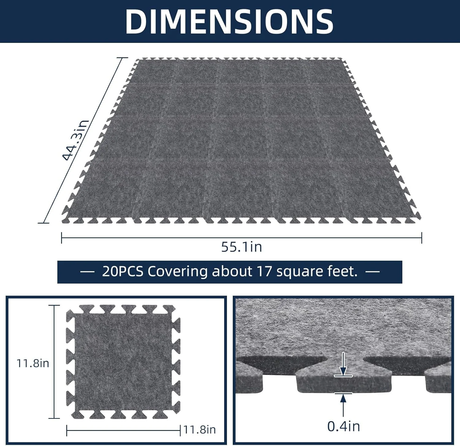 20 عدد پد کفپوش در هم قفل شونده جاذب صدا، 30x30x1 سانتی متر، پدهای عایق صدا نمدی با چگالی بالا، پازل ضد لغزش و ضد لرزش، پتوهای آکوستیک، فرش پیانو، فرش درام، خاکستری