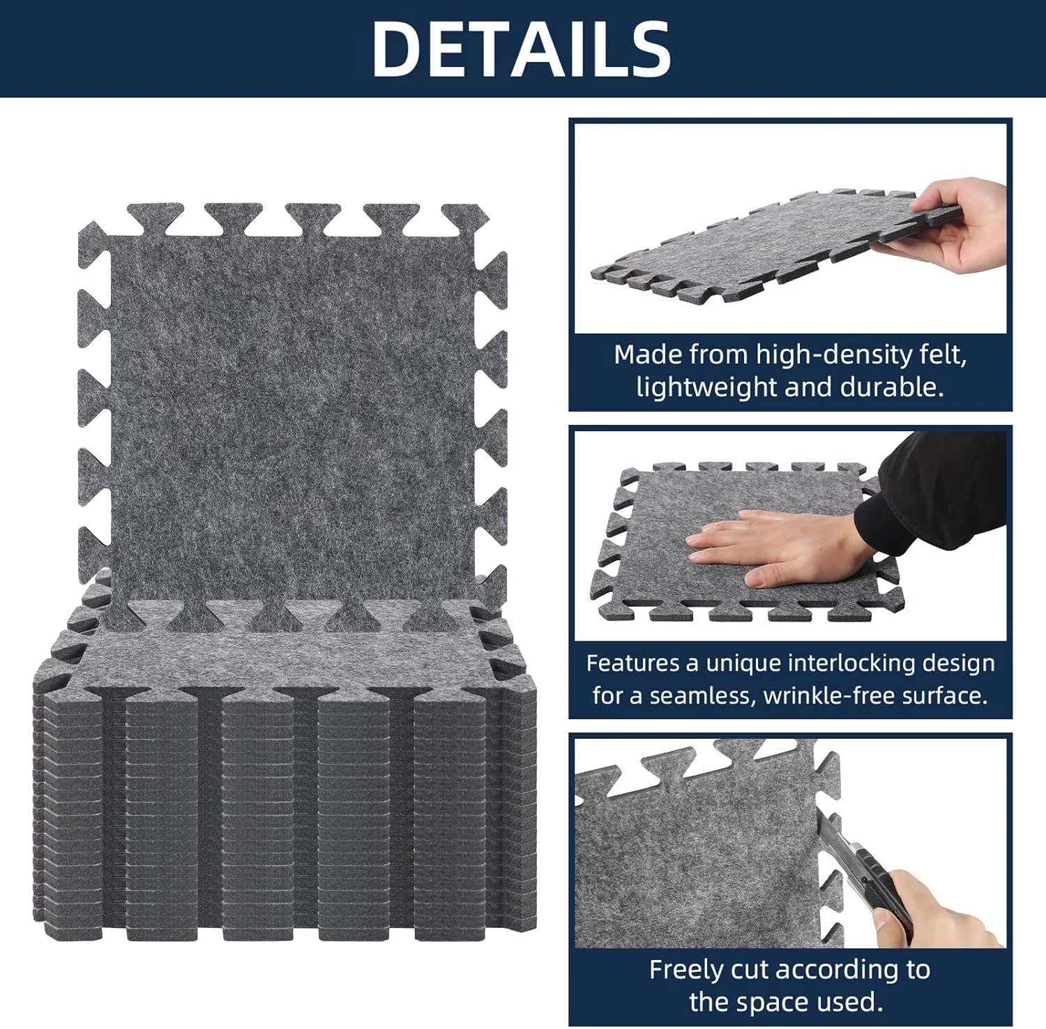 20 عدد پد کفپوش در هم قفل شونده جاذب صدا، 30x30x1 سانتی متر، پدهای عایق صدا نمدی با چگالی بالا، پازل ضد لغزش و ضد لرزش، پتوهای آکوستیک، فرش پیانو، فرش درام، خاکستری
