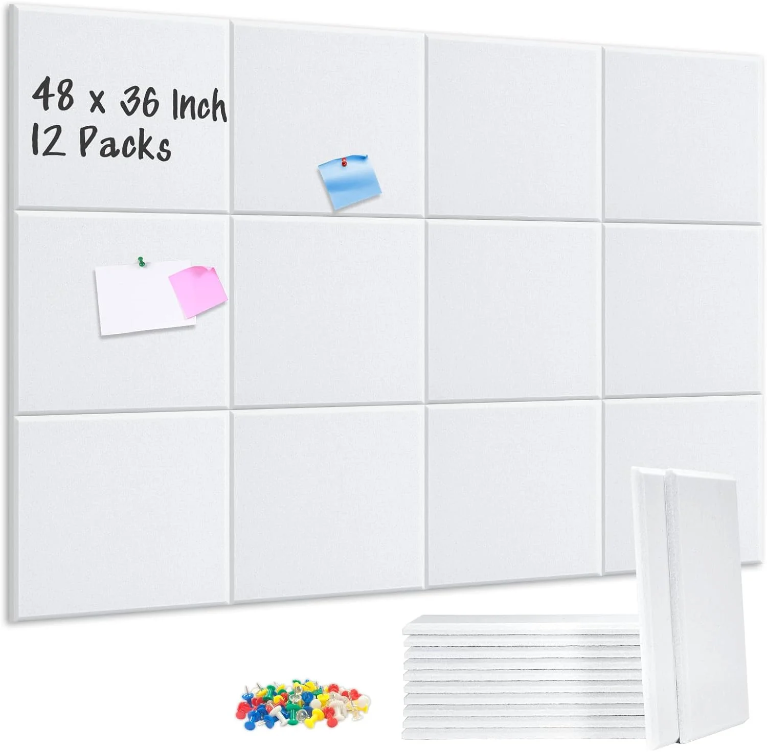 DOLLAR BOSS Acoustic Panels 12 Pcs 12" X 12" X 0.5" Soundproof Absorbing High-Density Polyester Pads Square Wall Felt Tiles Safe Adhesive for Recording Studio Home Office with 60 Pushpins, White DOLLAR BOSS Acoustic Panels 12 Pcs 12" X 12" X 0.5" Soundproof Absorbing High-Density Polyester Pads Square Wall Felt Tiles Safe Adhesive for Recording Studio Home Office with 60 Pushpins, White