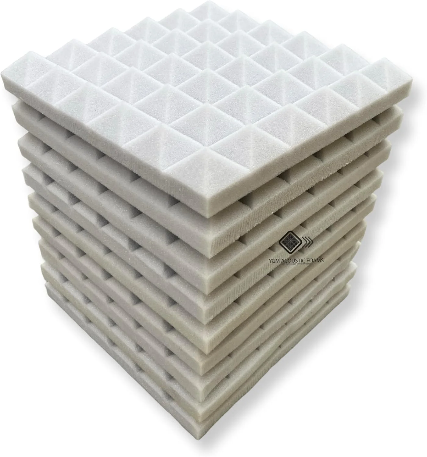 فوم آکوستیک هرمی YGM Acoustic Foams®، مجموعه 9 عددی، 30x30x5 سانتی‌متر، دانسیته 50 کیلوگرم بر متر مکعب، پنل‌های عایق صدا استودیو، ساختار سه بعدی (سفید مهتابی)