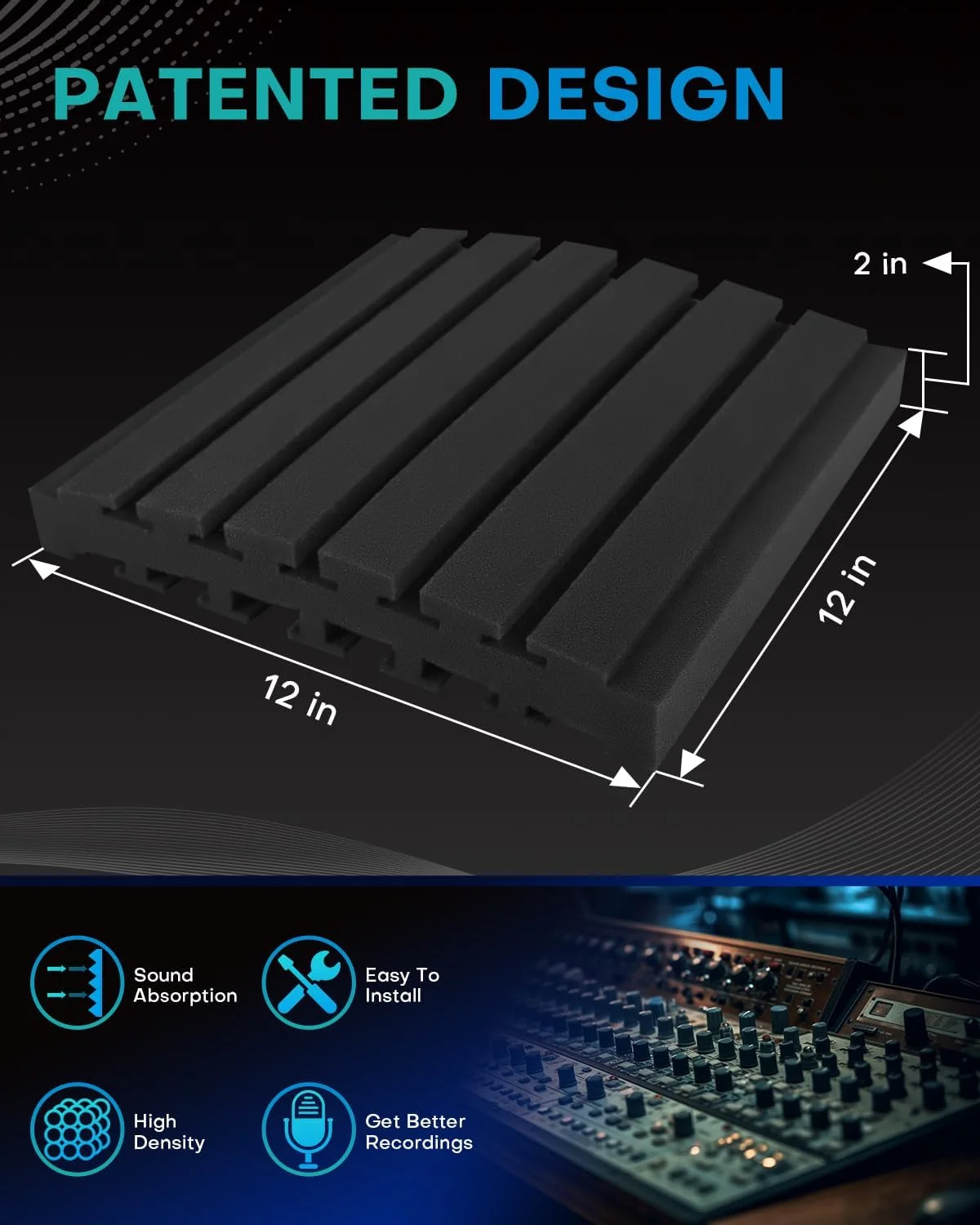 پنل های فوم عایق صدا منحنی 36 عددی برای دیوار، پنل های آکوستیک 2 اینچی جاذب صدا، کاهش دهنده صدا، مناسب برای دکور استودیو ضبط خانگی، 2x12x12 مشکی