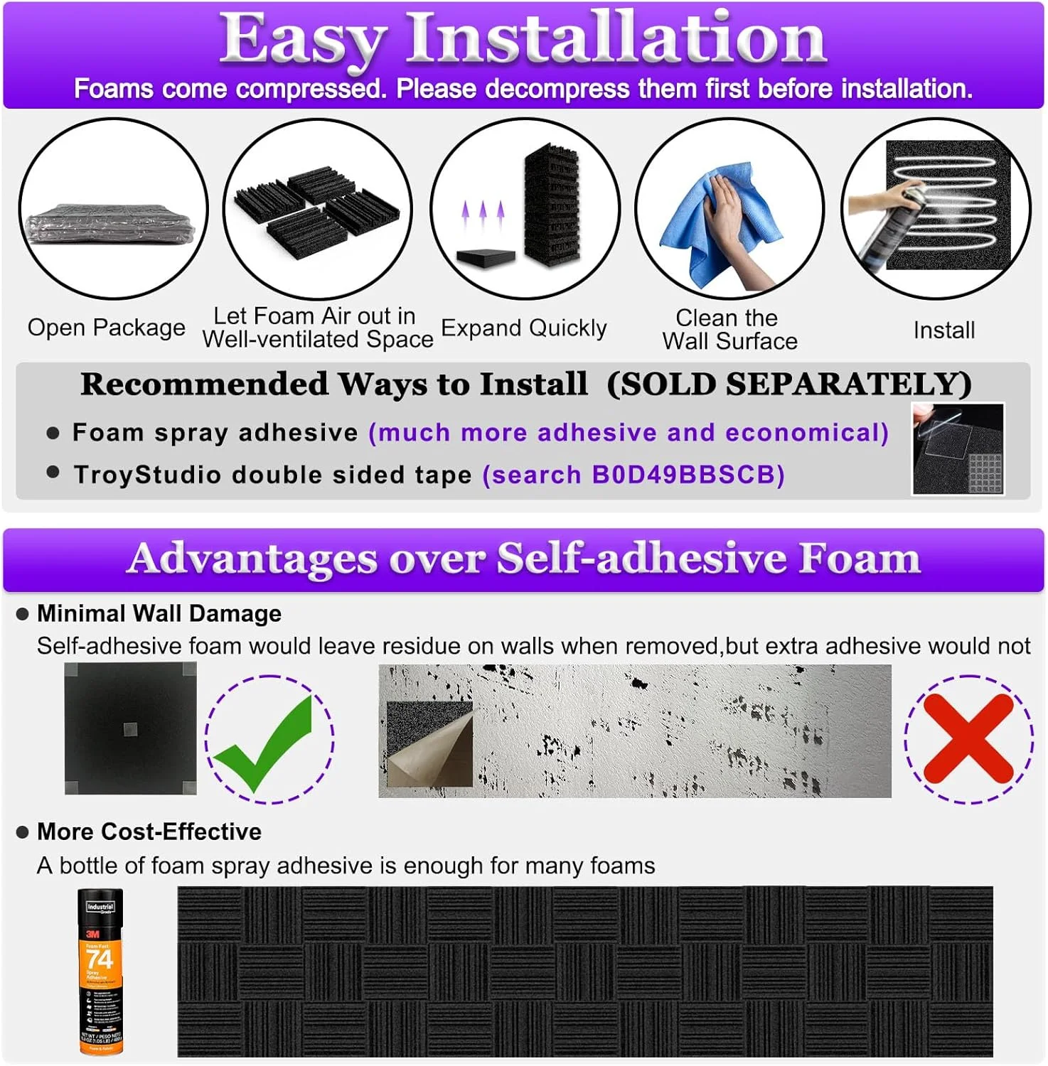 پنل های فوم آکوستیک ضخیم TroyStudio، 36 عدد پنل جاذب صدا پهن باند 12 X 12 X 2 اینچ، پد متراکم عایق صدا، پنل عایق استودیو ضبط، پنل سه بعدی تزئینی شیاردار برای دیوار و سقف