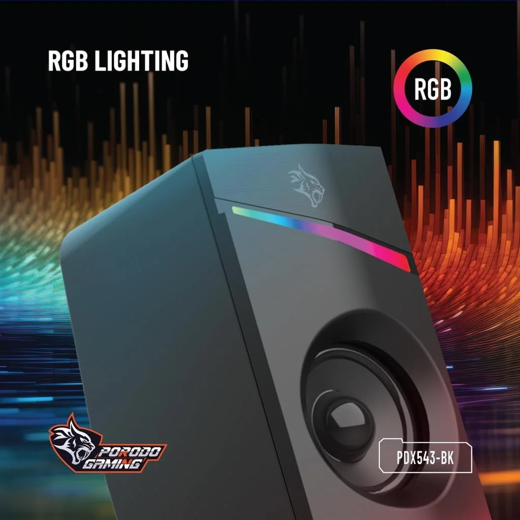 اسپیکر گیمینگ سیم دار Porodo با طول 1.1 متر و نورپردازی RGB - مشکی اسپیکر گیمینگ سیم دار Porodo با طول 1.1 متر و نورپردازی RGB - مشکی
