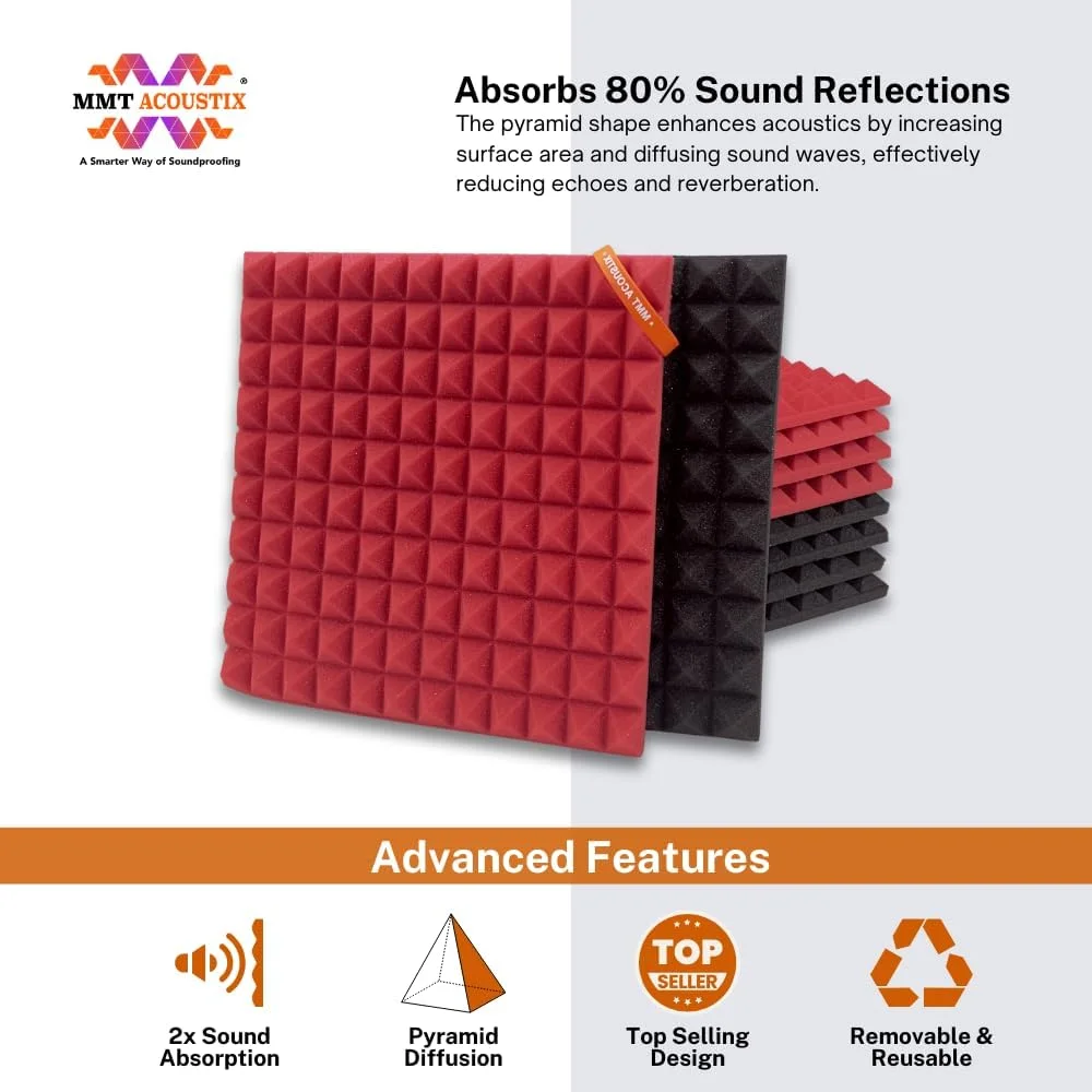 فوم آکوستیک هرمی 18 عددی MMT Acoustix®، راه اندازی استودیوی حرفه ای صدا، پنل های آکوستیک کاهش نویز عایق صدا | 12"x12" فوت ضخامت 1 اینچ، زغالی + رنگ شعله ای فوم آکوستیک هرمی 18 عددی MMT Acoustix®، راه اندازی استودیوی حرفه ای صدا، پنل های آکوستیک کاهش نویز عایق صدا | 12"x12" فوت ضخامت 1 اینچ، زغالی + رنگ شعله ای