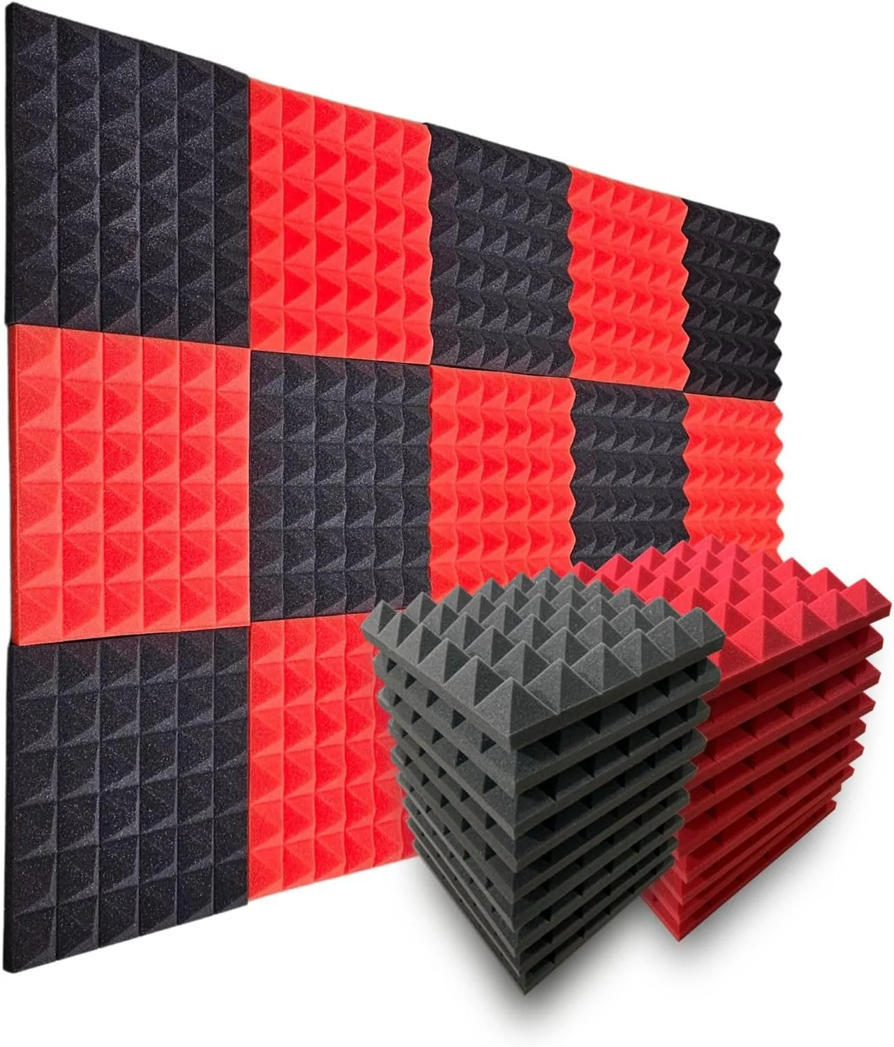 MMT Acoustix®️ 18 عدد فوم آکوستیک عایق صدا طرح هرمی (30 x 30 x 5 سانتی متر) مشکی+قرمز | جاذب و پخش کننده صدای با چگالی بالا