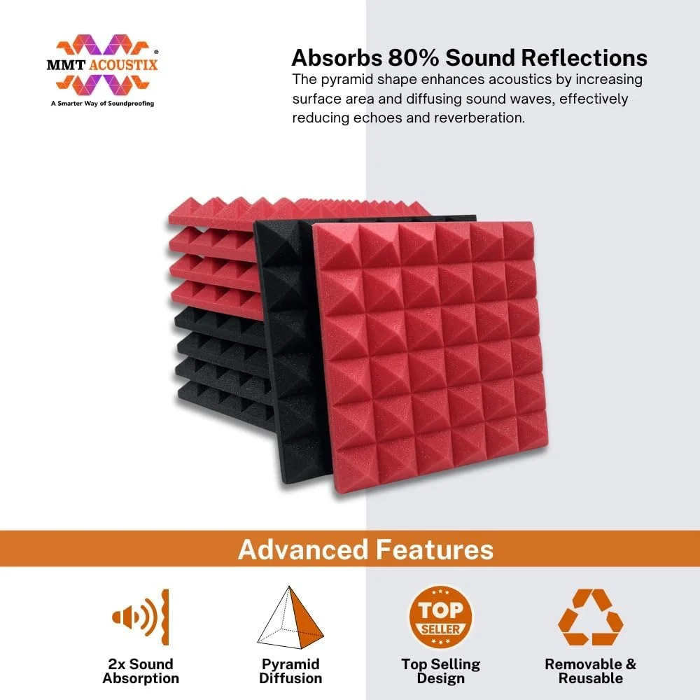 MMT Acoustix®️ 18 عدد فوم آکوستیک عایق صدا طرح هرمی (30 x 30 x 5 سانتی متر) مشکی+قرمز | جاذب و پخش کننده صدای با چگالی بالا MMT Acoustix®️ 18 عدد فوم آکوستیک عایق صدا طرح هرمی (30 x 30 x 5 سانتی متر) مشکی+قرمز | جاذب و پخش کننده صدای با چگالی بالا