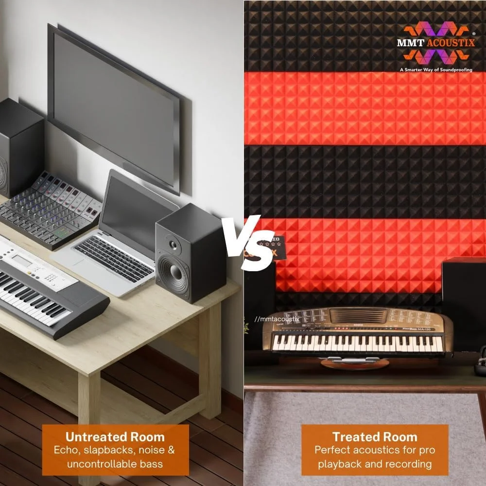 MMT Acoustix®️ 18 عدد فوم آکوستیک عایق صدا طرح هرمی (30 x 30 x 5 سانتی متر) مشکی+قرمز | جاذب و پخش کننده صدای با چگالی بالا MMT Acoustix®️ 18 عدد فوم آکوستیک عایق صدا طرح هرمی (30 x 30 x 5 سانتی متر) مشکی+قرمز | جاذب و پخش کننده صدای با چگالی بالا
