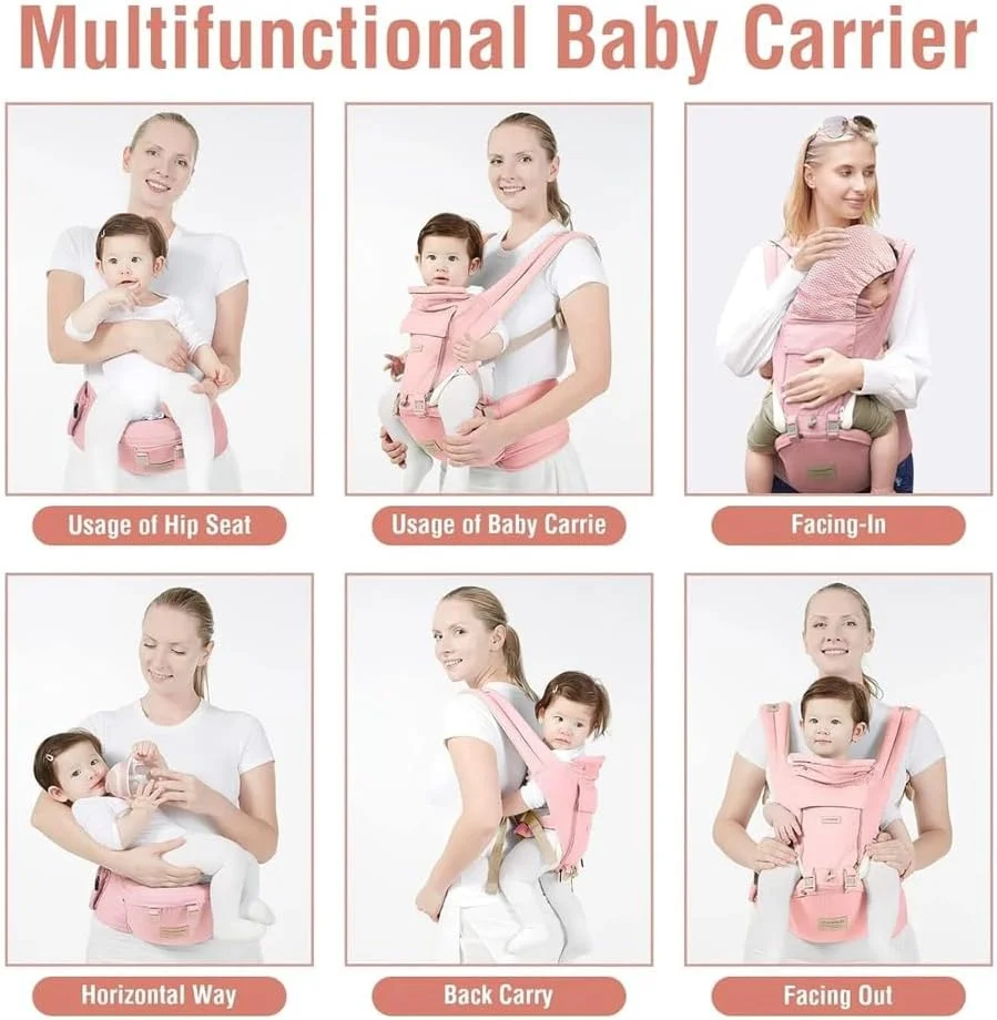 آغوشی نوزاد و صندلی کمری کودک AMERTEER برای نوزاد تا نوپا، آغوشی کمری و نگهدارنده کودک ارگونومیک 6 در 1، کوله پشتی قابل تنظیم نوزاد برای پیاده روی، خرید، مسافرت و پیاده روی، توری تنفسی (صورتی)