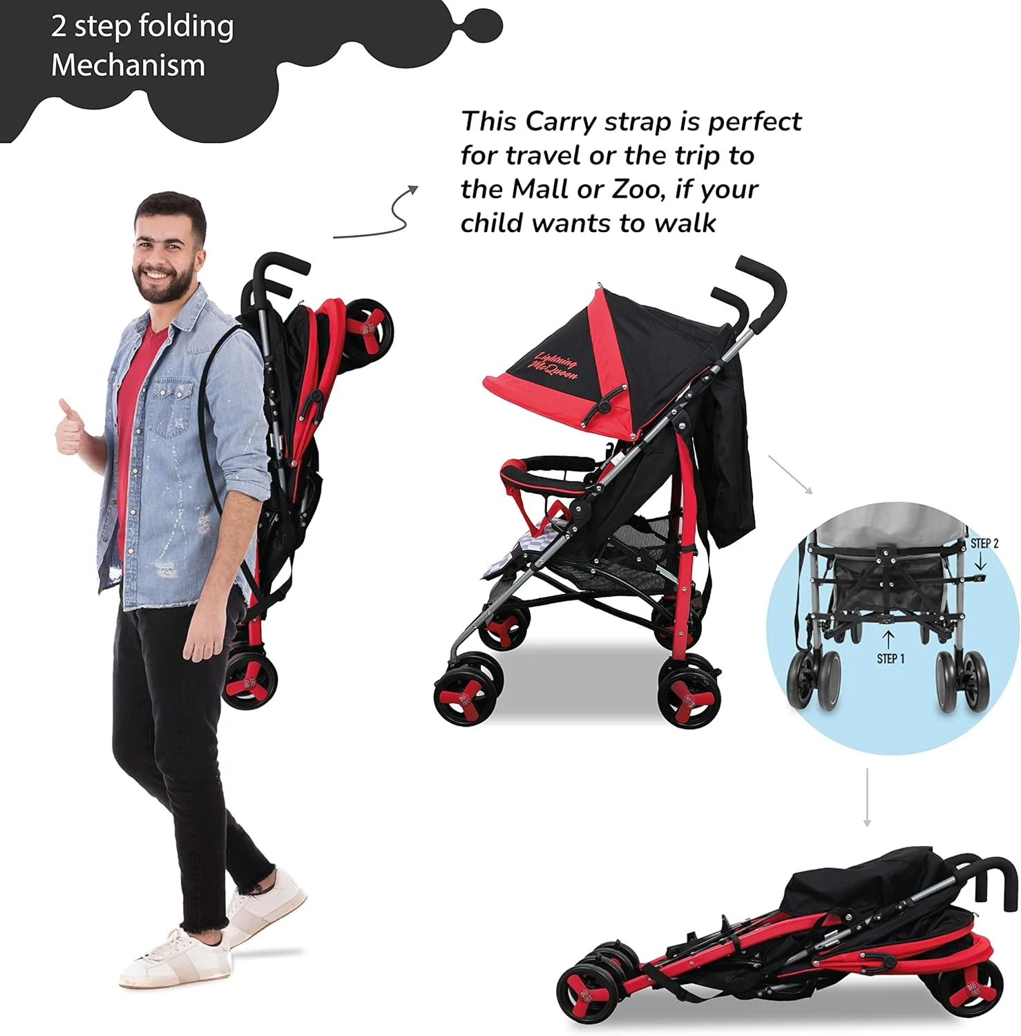 کالسکه ماجراجویی سبک وزن دیزنی کارز لایتنینگ مک کوئین + کابین ذخیره سازی 0-36 ماه، طراحی جمع و جور، بند شانه، صندلی تکیه گاه قابل تنظیم و موارد دیگر