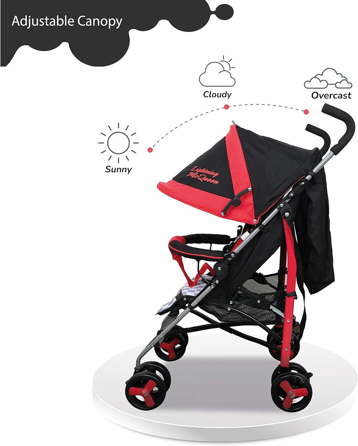 کالسکه ماجراجویی سبک وزن دیزنی کارز لایتنینگ مک کوئین + کابین ذخیره سازی 0-36 ماه، طراحی جمع و جور، بند شانه، صندلی تکیه گاه قابل تنظیم و موارد دیگر