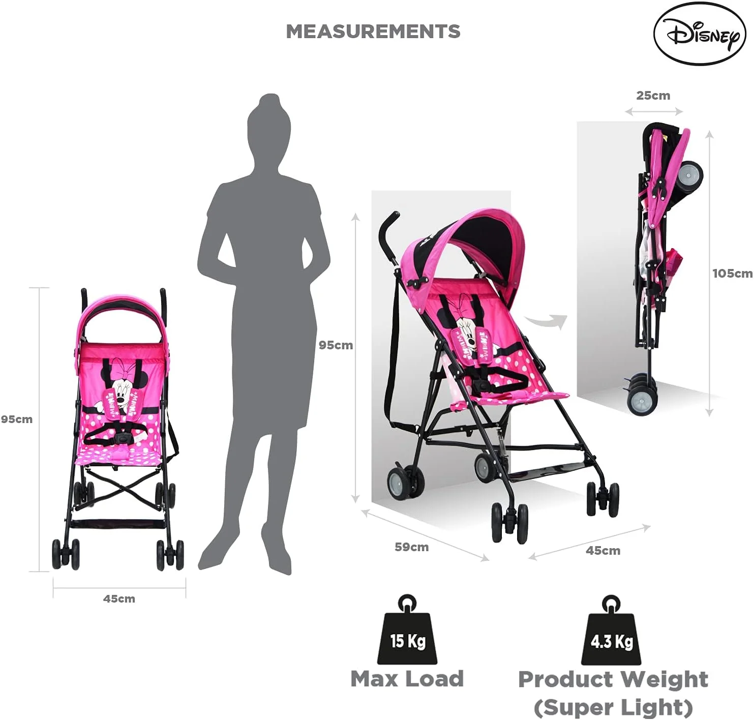 کالسکه عصایی سبک وزن دیزنی مینی موس - مناسب برای 6 تا 36 ماهگی، وزن 4.3 کیلوگرم کالسکه عصایی سبک وزن دیزنی مینی موس - مناسب برای 6 تا 36 ماهگی، وزن 4.3 کیلوگرم