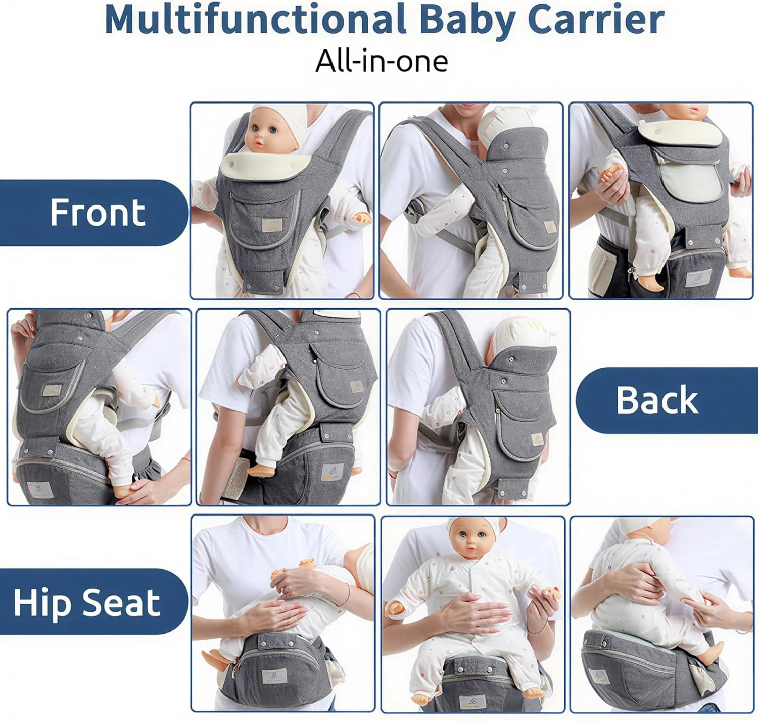 آغوشی نوزاد 6 در 1 ANTOLE با نشیمنگاه کمری، آغوشی قابل تنظیم برای نوزاد 0 تا 36 ماهه، توری سبک و قابل تنفس، آزادی دست برای پیاده روی، خرید، سفر و کوهنوردی